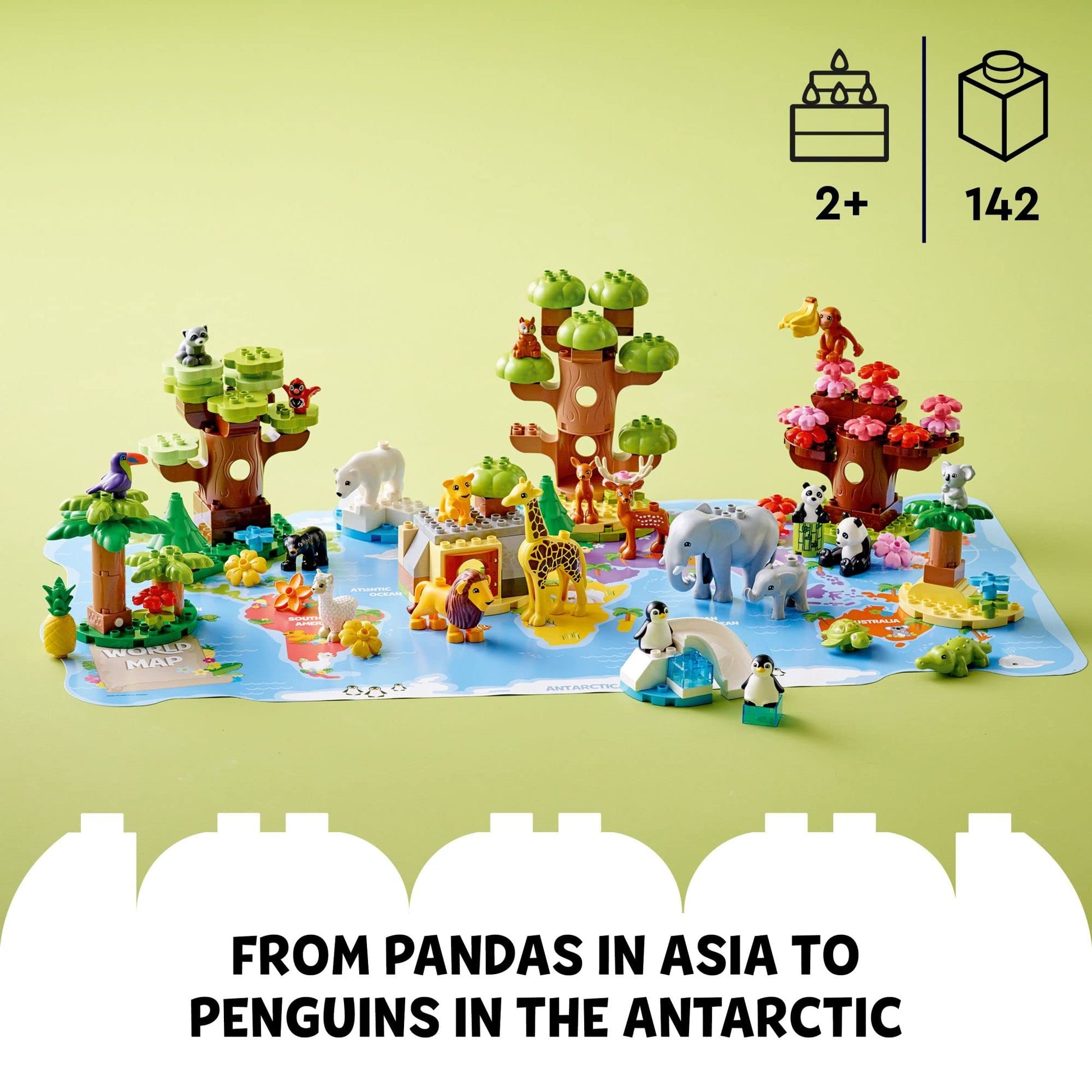 LEGO DUPLO Wild Animals of The World Building Set, Includes Sounds, World Map Playmat, 22 Animal Figures, Educational Gift, Learning Toy for Girls &