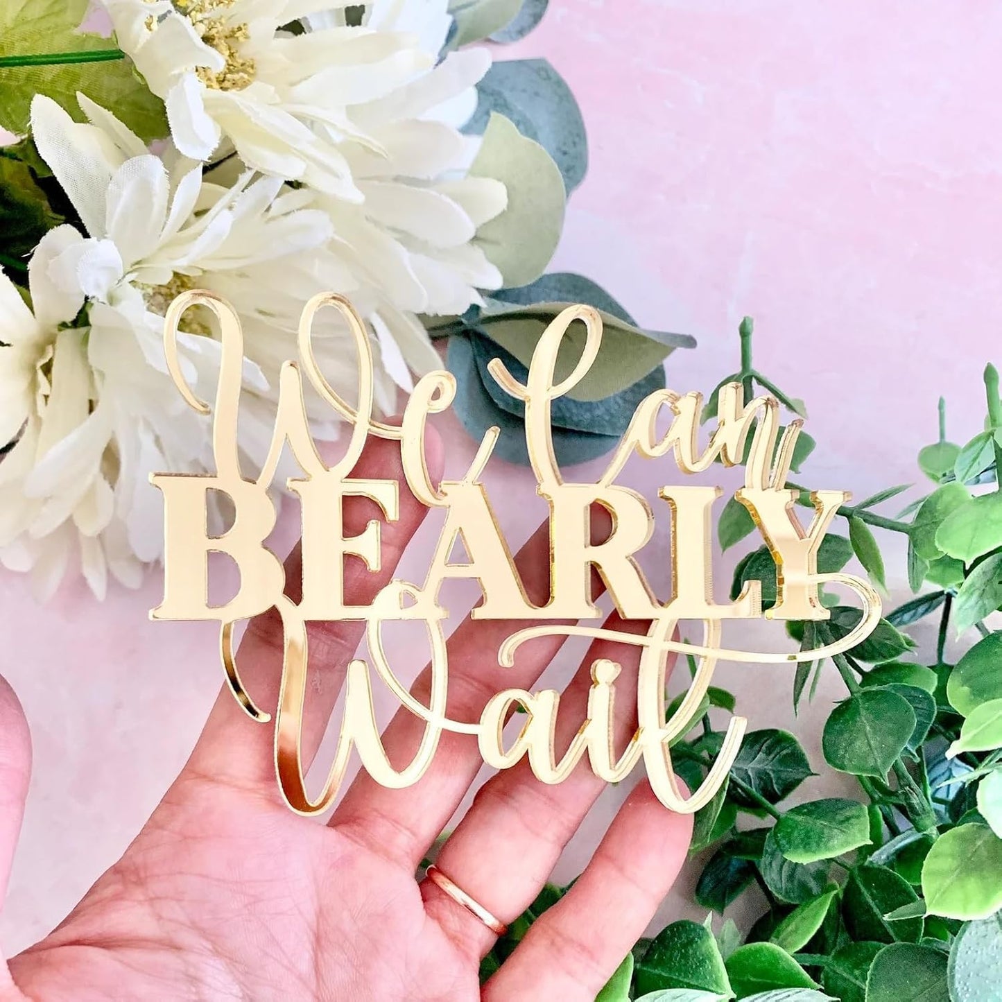 "We Can Bearly Wait" Baby Shower Cake Topper, Gold Acrylic Bear Theme Party Cake Topper, Welcome Baby,Pregnancy Announcement,Baby to Be for Baby