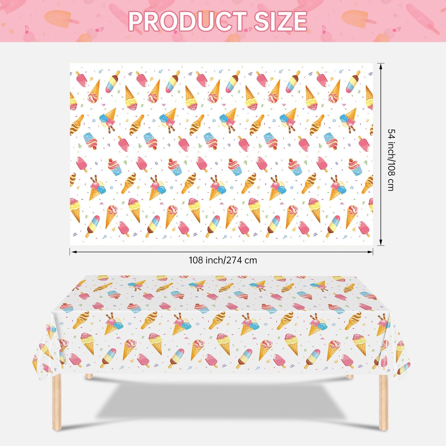 Ice Cream Party Decorations Tablecloth - 2 Pcs Ice Cream Table Cloth, Disposable Plastic Rectangle Summer Icecream Themed Table Cover for Kids