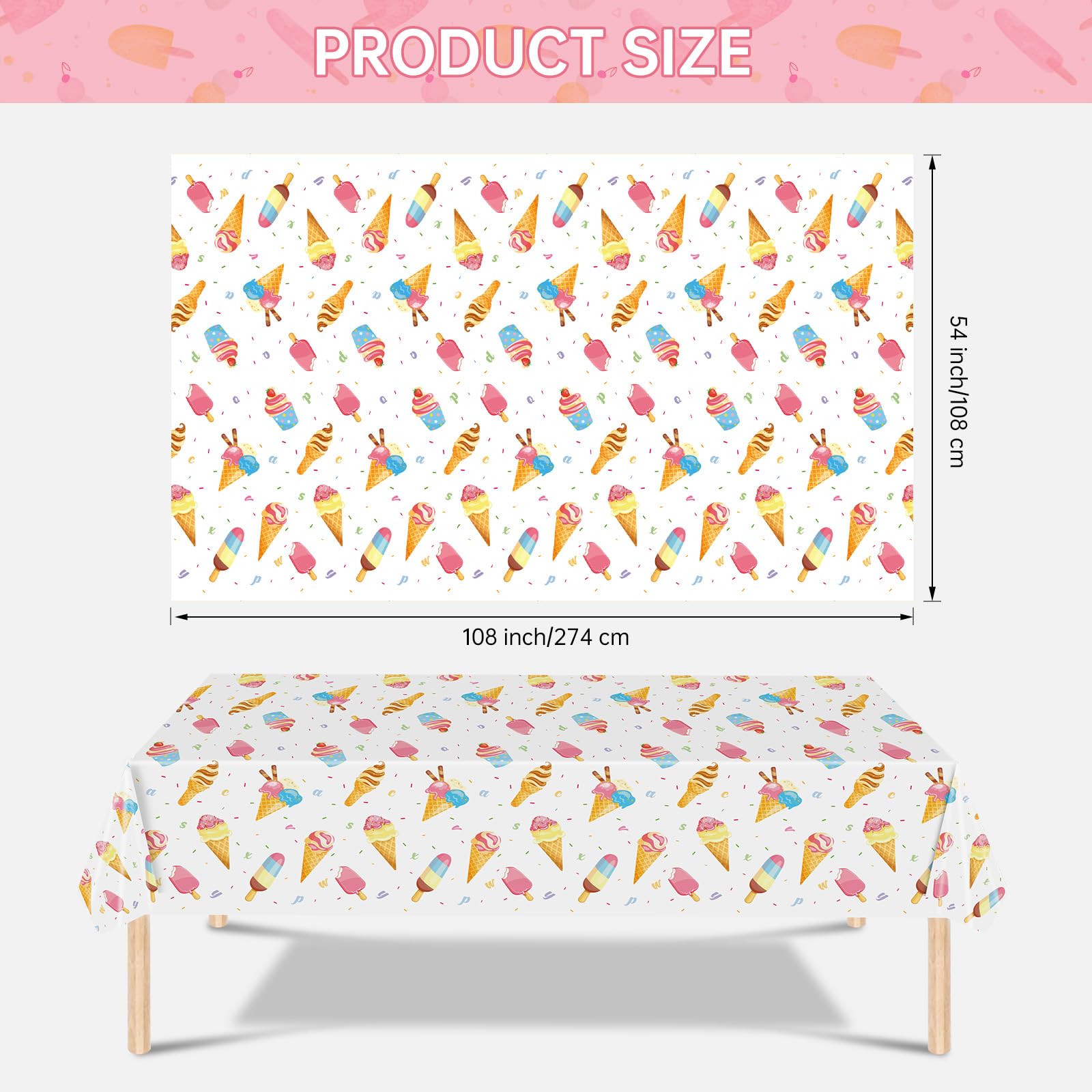 Ice Cream Party Decorations Tablecloth - 2 Pcs Ice Cream Table Cloth, Disposable Plastic Rectangle Summer Icecream Themed Table Cover for Kids