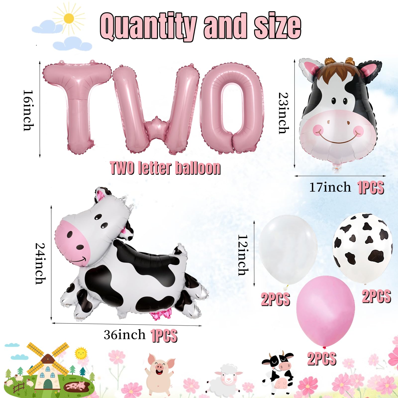 19 PCS Farm Animal Theme Party Balloons, Farm Cow Print Sheep Pig Donkey Mylar Foil Balloons Baby Shower Boy Girl 2nd Birthday Party Decor Supplies