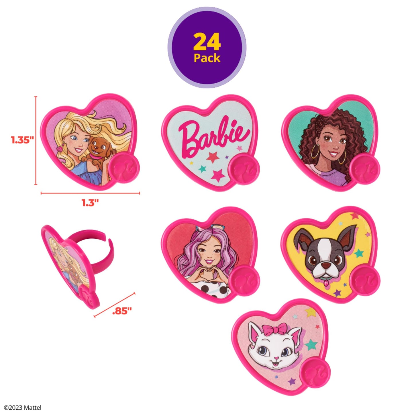 DecoPac Barbie Be The Future Rings, Pink Heart Shaped Cupcake Decorations Featuring Barbie and her Friends For Birthday Party And Celebrations - 24