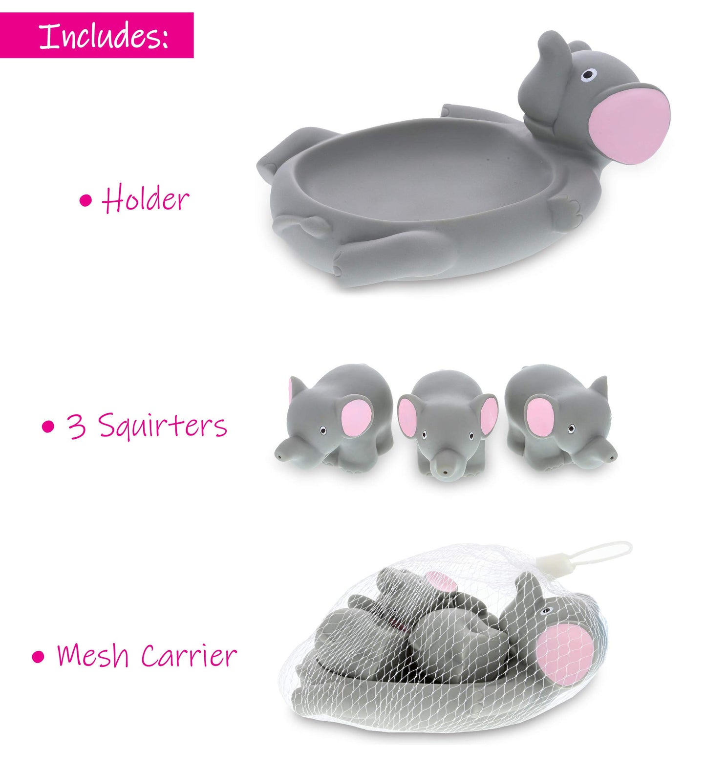 DolliBu Elephant Family Animal Bath Squirters 4 Piece Bath Toy Set, Children Bath Toys for Bathtime & Water Fun, Girls & Boys Floating Rubber Squirt