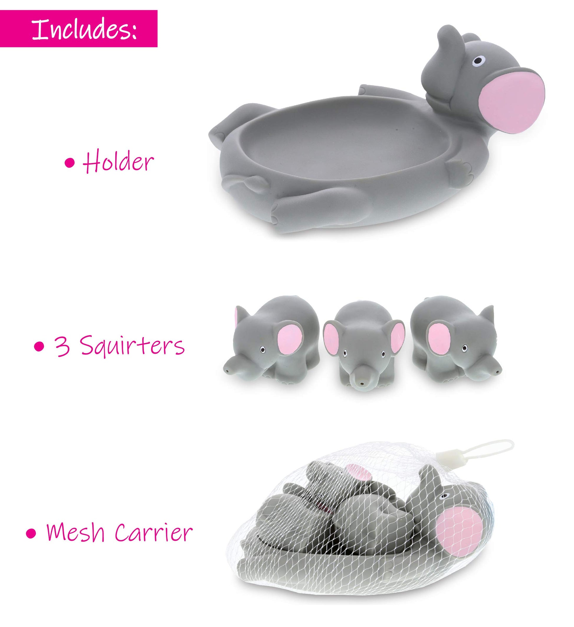 DolliBu Elephant Family Animal Bath Squirters 4 Piece Bath Toy Set, Children Bath Toys for Bathtime & Water Fun, Girls & Boys Floating Rubber Squirt