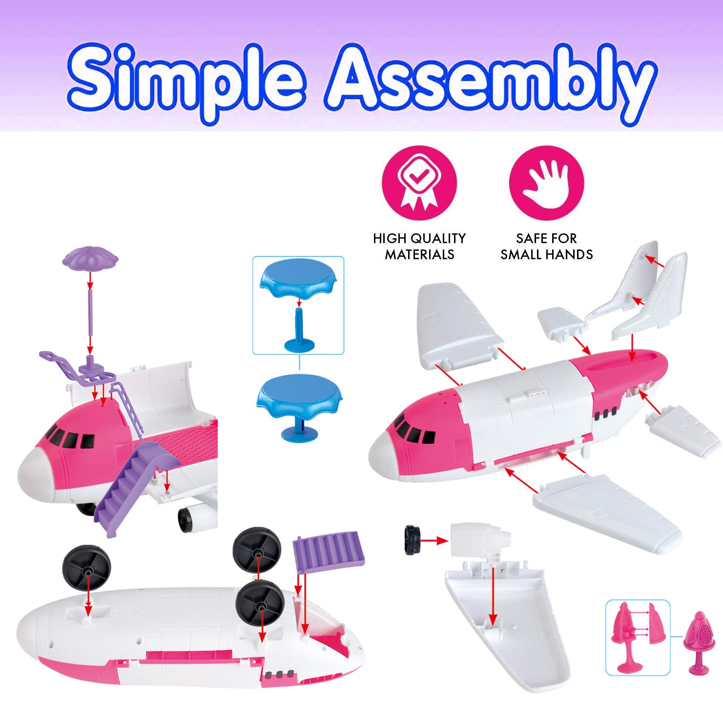 Pink Airplane Toy Private Jet Transport Cargo Vehicle - Big Large Aircraft Plane with Figures and Beauty Accessories Pretend Playset for Toddler Girls
