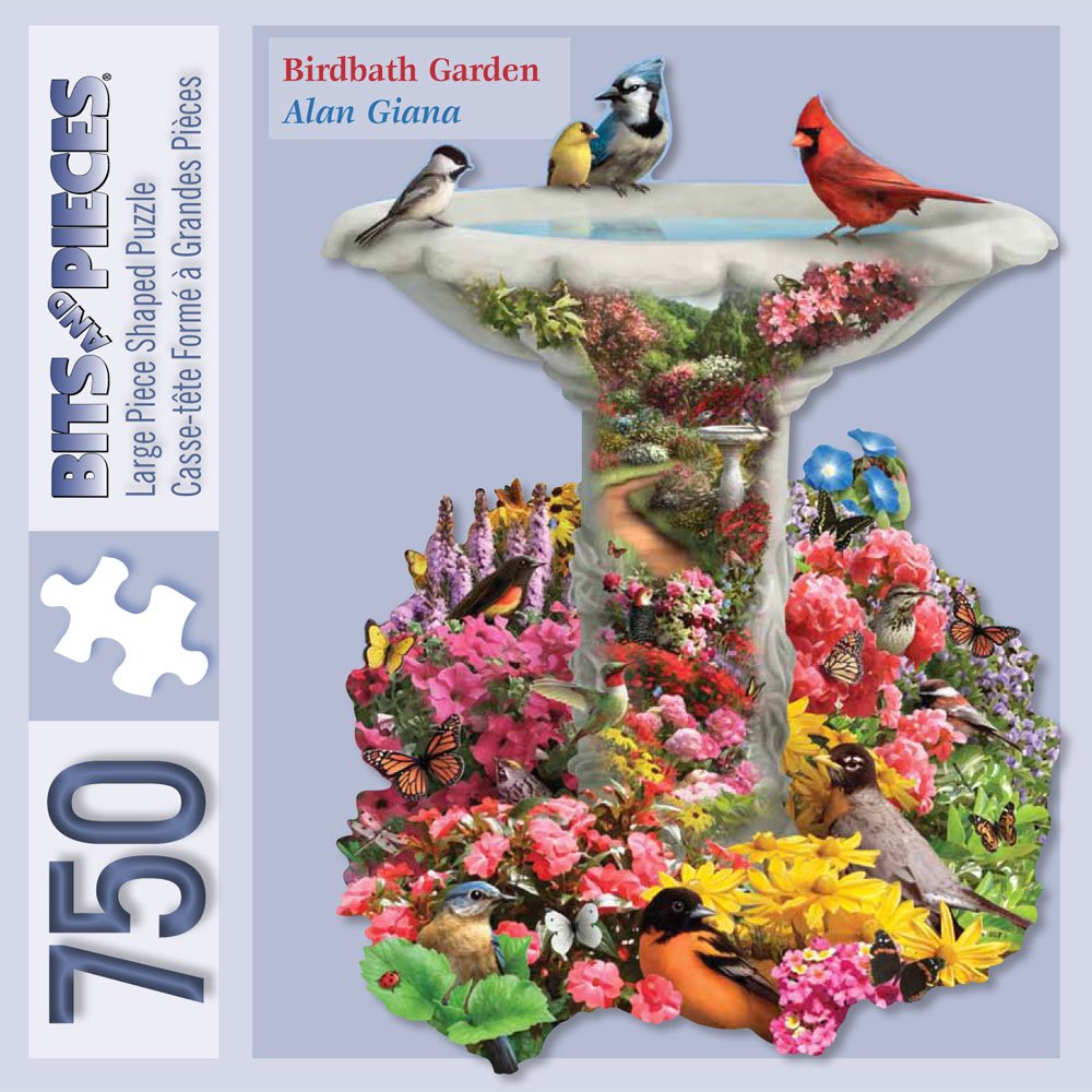 Bits and Pieces - 750 Piece Jigsaw Puzzle for Adults - Garden Birdbath, Busy Bird Fountain - by Artist Alan Giana, Completed Puzzle Size: 20" x 27"