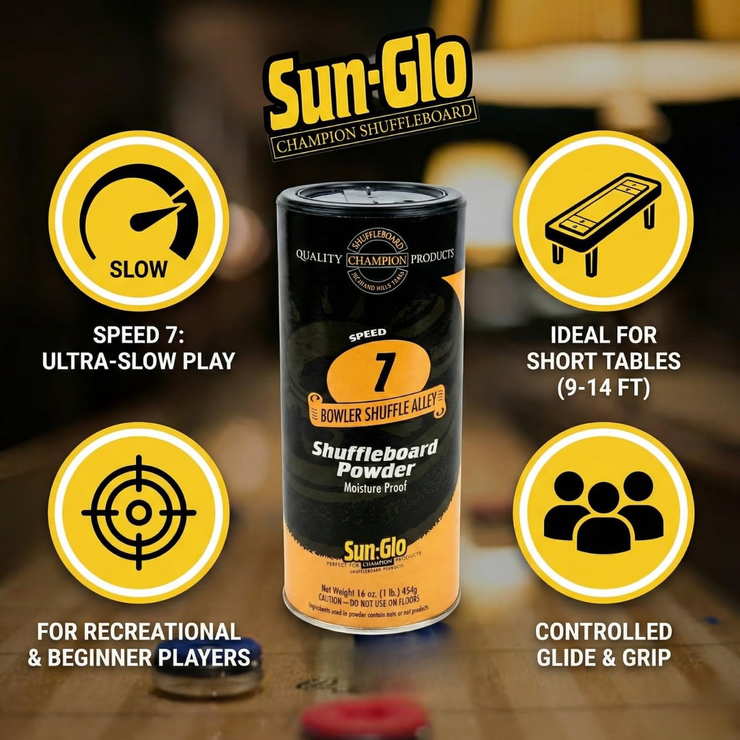 Sun-Glo Speed 7 (Shuffle Alley) Shuffleboard Powder - The Slowest Sand Rating for 9-Foot Tables & Arcade Games - 16 oz Shaker Can (3-Pack)