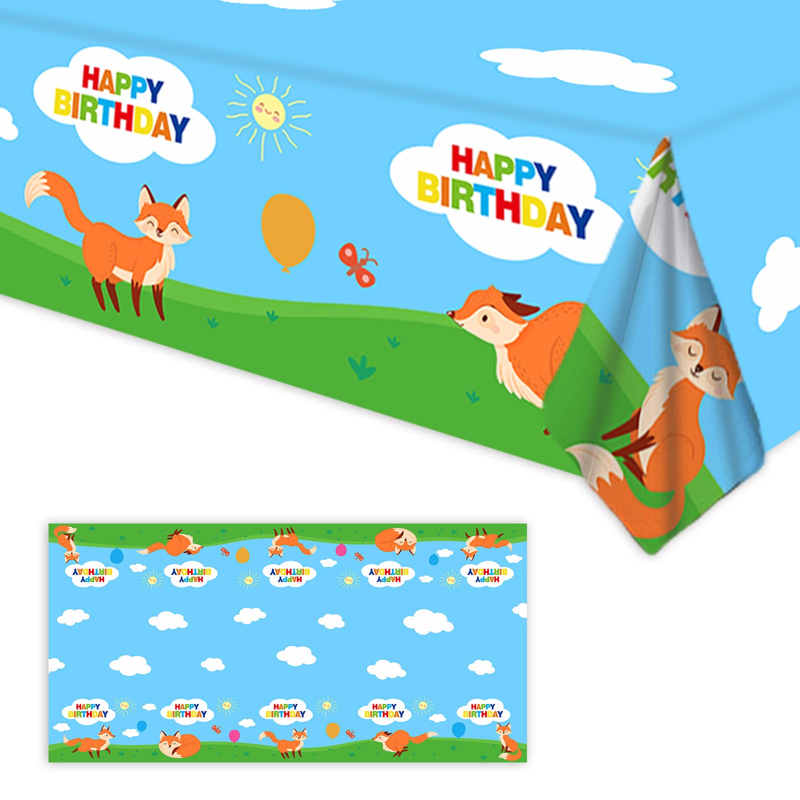 GZBJMYGS Fox Happy Birthday Tablecloth Fox Animal Party Plastic Supplies Animal Theme Baby Shower Boys Girls Blue Birthday Party Supplies Party Picnic