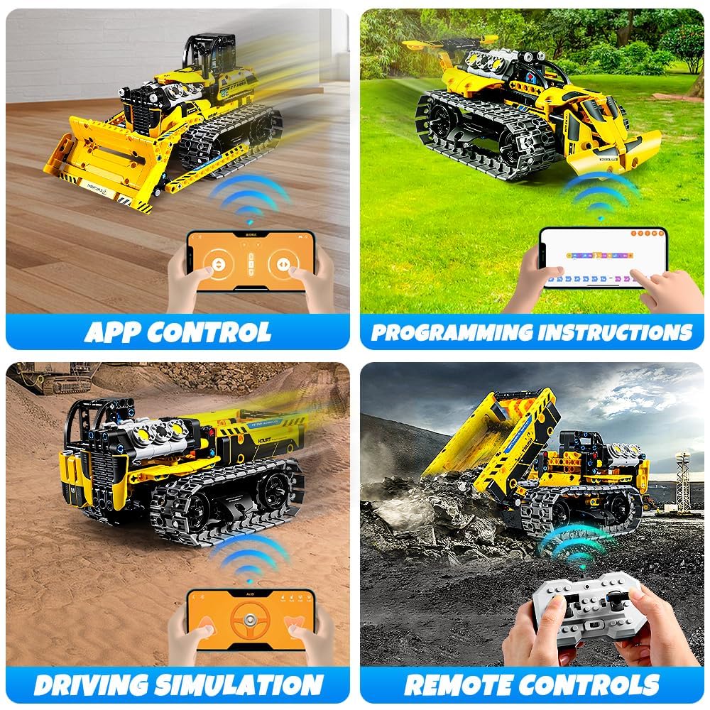 OKKIDY 3 in 1 Kids Remote Bulldozer STEM Technology Building Blocks Set Toys APP Remote Construction Blocks Engineering Excavator/Robot Ages 6-14 DIY