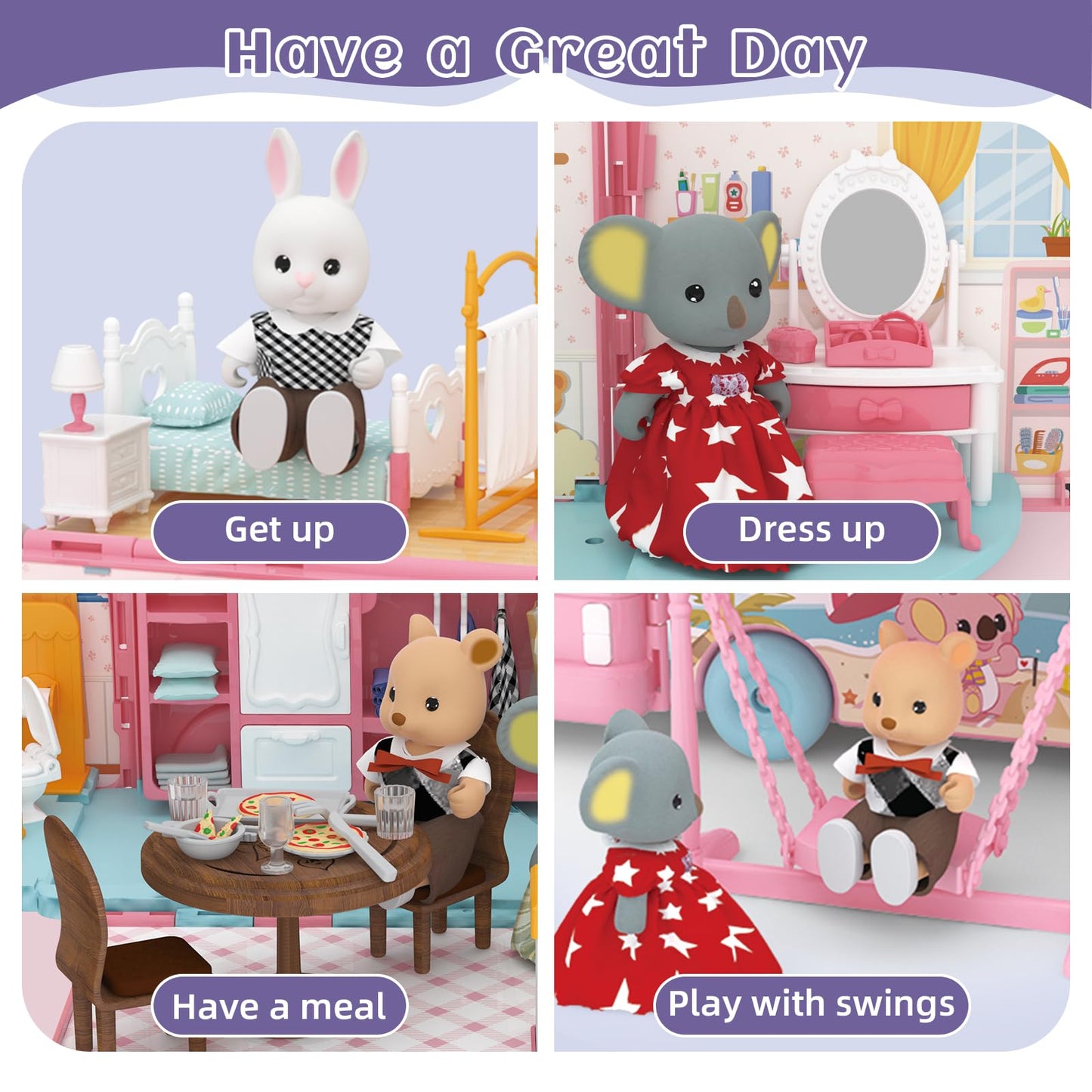 MITCIEN Dollhouse Playset, DIY Pretend Portable Caravan Camper Bus Toy Kit with Little Critters Bunny Dolls Mini Cottage House Set Camping Family Toys