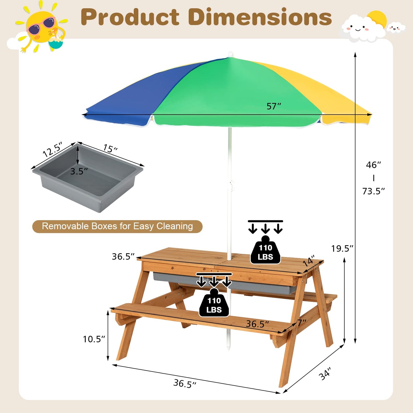 ARLIME Sand and Water Table - 3-in-1 Kids Picnic Table with Height Adjustable Umbrella, Removable Table Top & 2 Detachable Game Boxes, Water Play