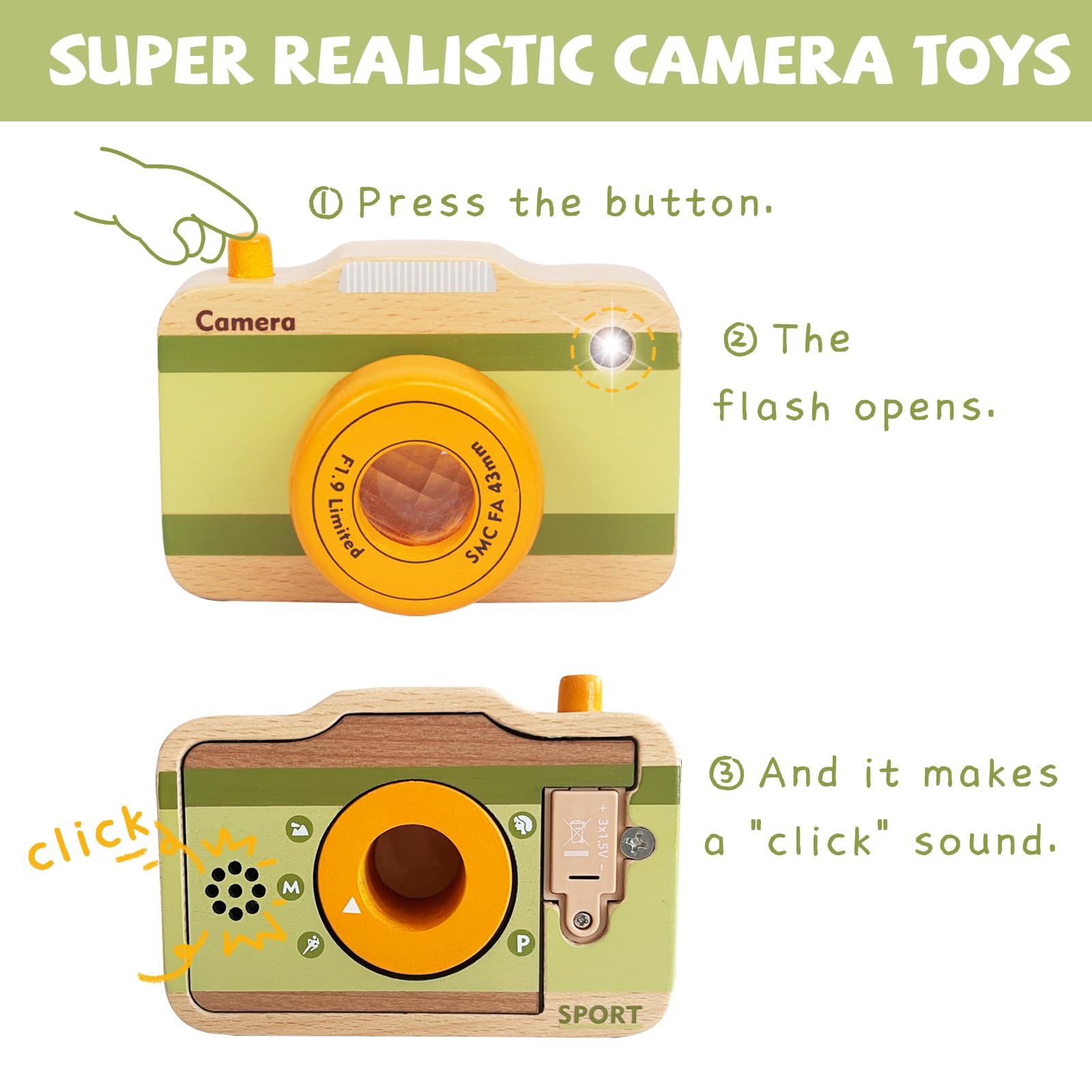 Wooden Mini Pretend Camera Toy with Real Sounds and Light for Toddlers 3 Years Old, Neck Hanging Photographed Props for Boys Girls Children Kids