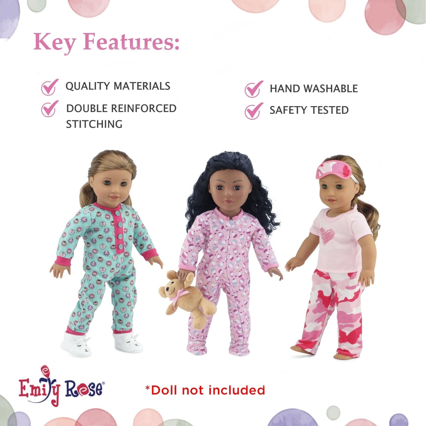 Emily Rose 18-inch Doll Pajamas 7-PC Set - Cupcake, Lamb & Pink Camo PJs with Teddy Bear - Sleeping Clothes Bundle for Dolls - Compatible