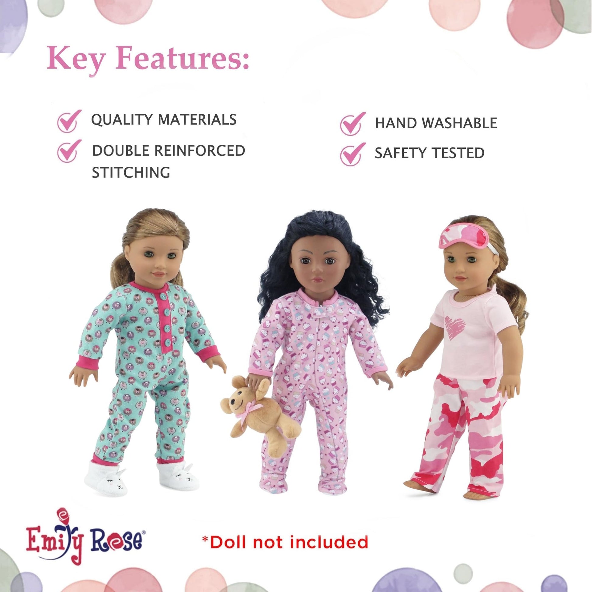Emily Rose 18-inch Doll Pajamas 7-PC Set - Cupcake, Lamb & Pink Camo PJs with Teddy Bear - Sleeping Clothes Bundle for Dolls - Compatible
