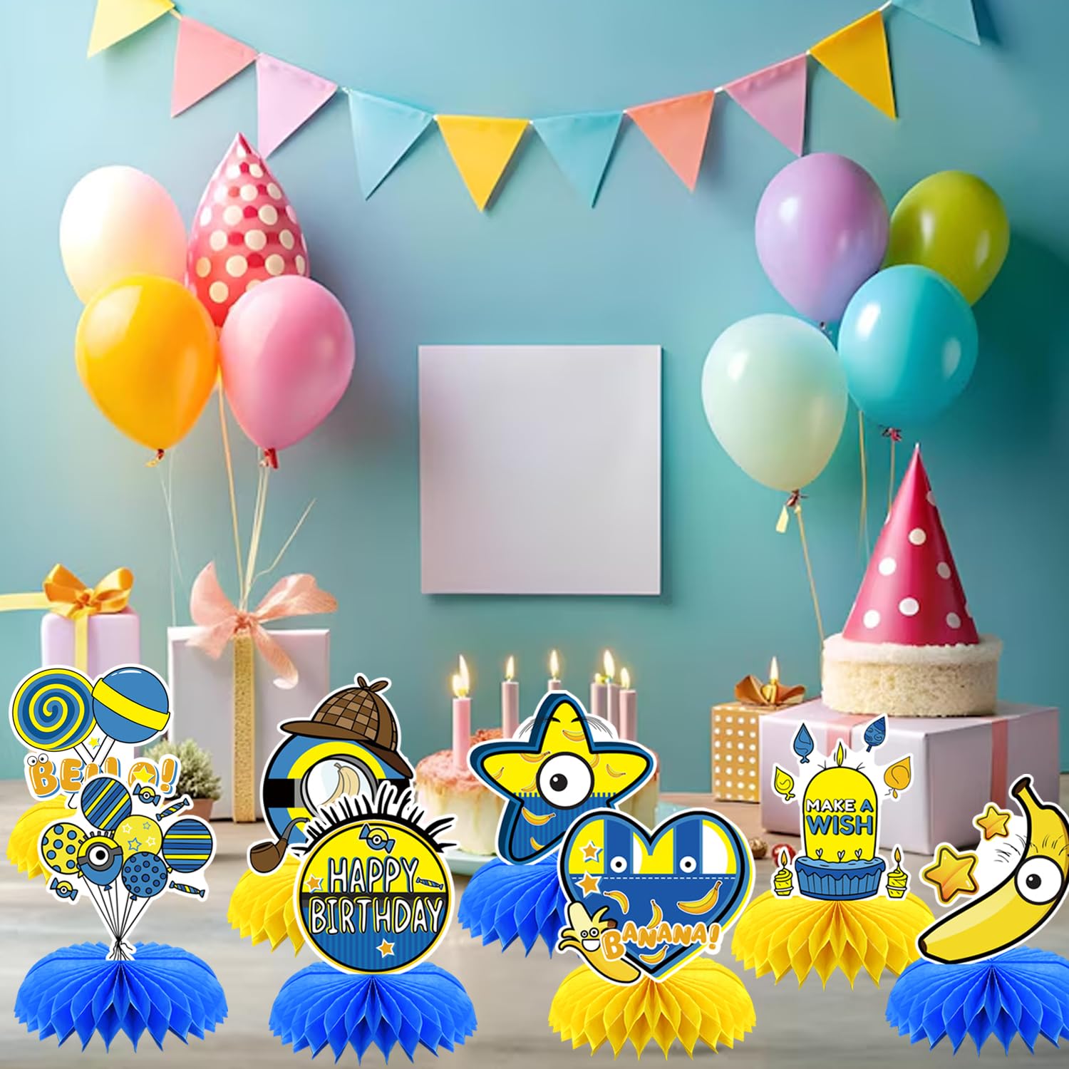 8Pcs Yellow Cartoon Party Supplies Set Honeycomb Centerpieces Double Sided Table Topper for Birthday Decorations