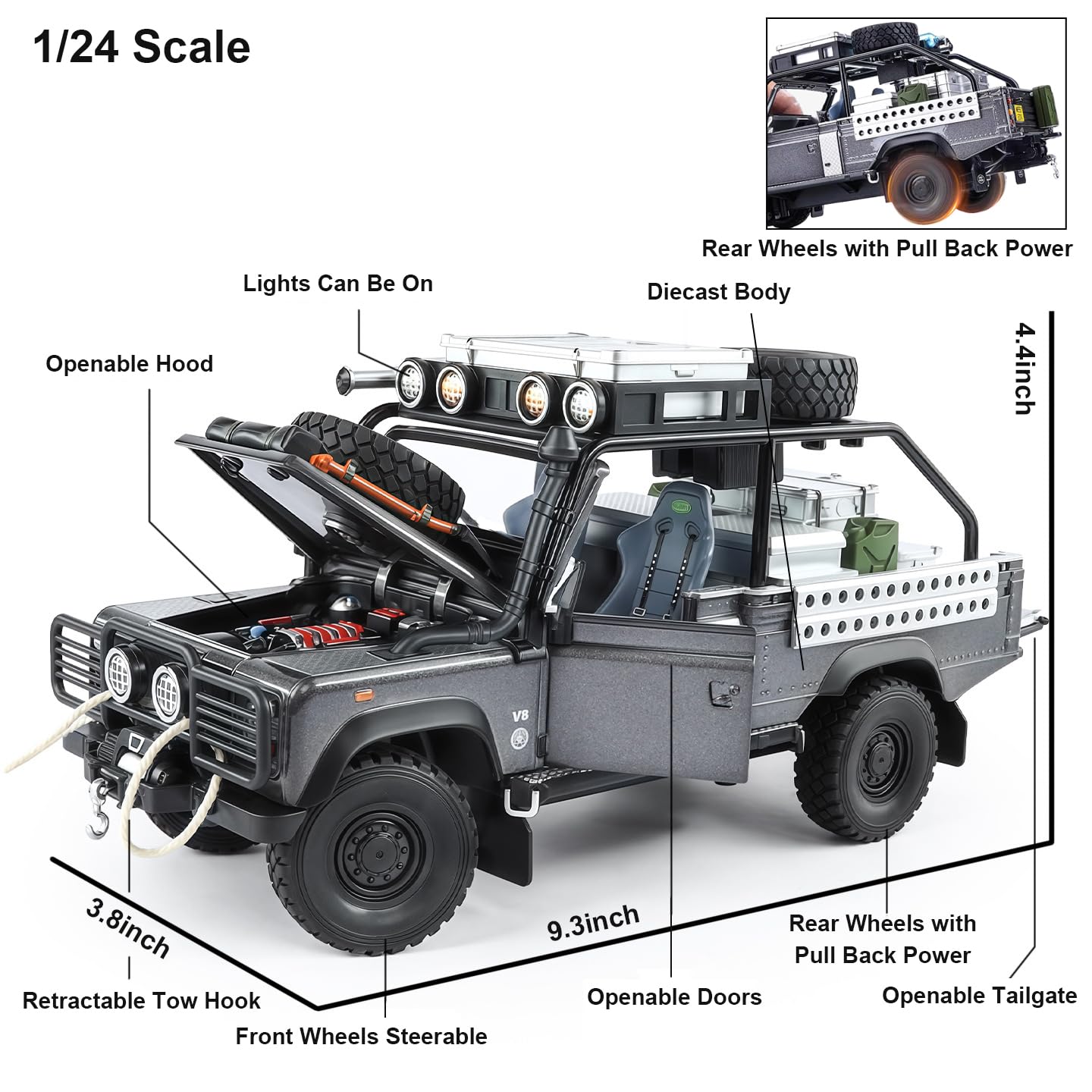 1/24 Scale Diecast Cars for Defender 110 Off-Road Pickup Truck Model Toy