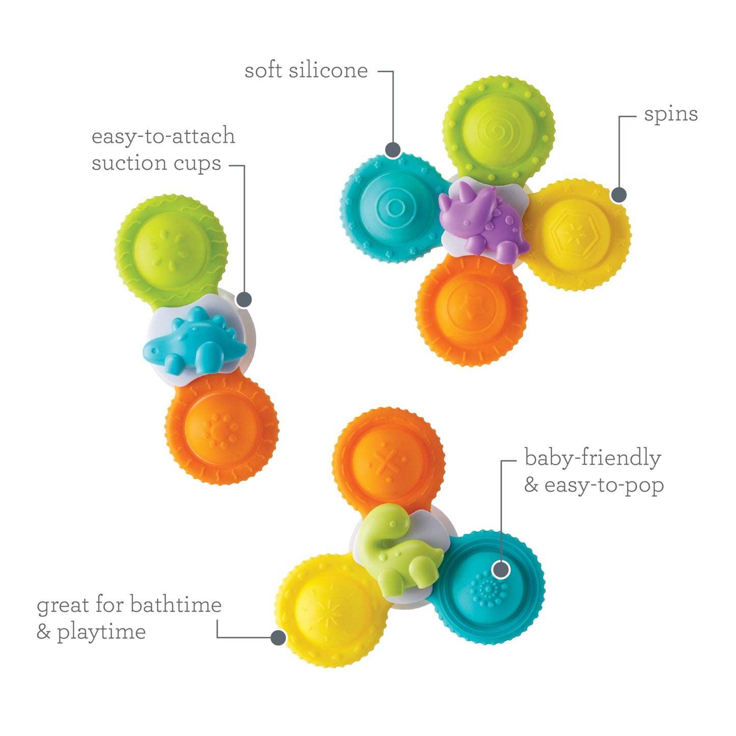 Infantino Bath Pop Spinners, Sensory Dinosaur Toys, Suction Cups, 3pc