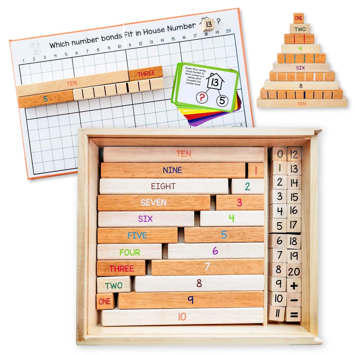 LITTLE BUD KIDS House of Number Buddies Math Game, a Number Bonds Math Toy with Counting Rods and Addition & Subtraction Flash Cards, a Montessori