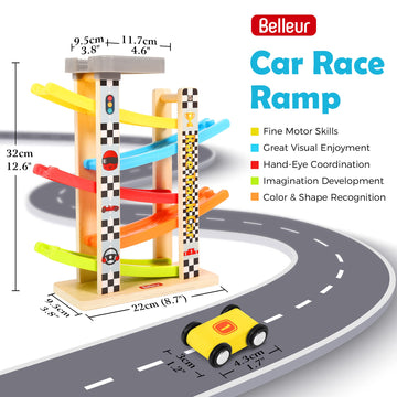 Belleur Montessori Toy for 1-3 Years Old Boys and Girls, Kid Race Track Car for Toddlers with 5 Mini Cars & 5 Ramps, Wooden Montessori Car Ramp Toy