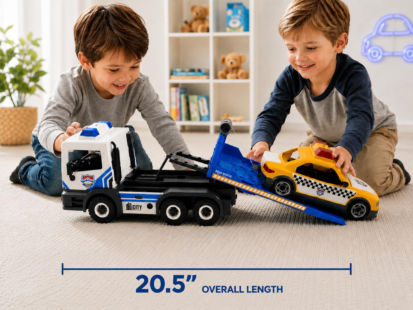 Tiny Force Tow Truck Toy with Taxi, Toy Truck Playset for Boys & Girls, Includes 2 Action Figures & Accessories, Lights & Sounds, Ages 4+