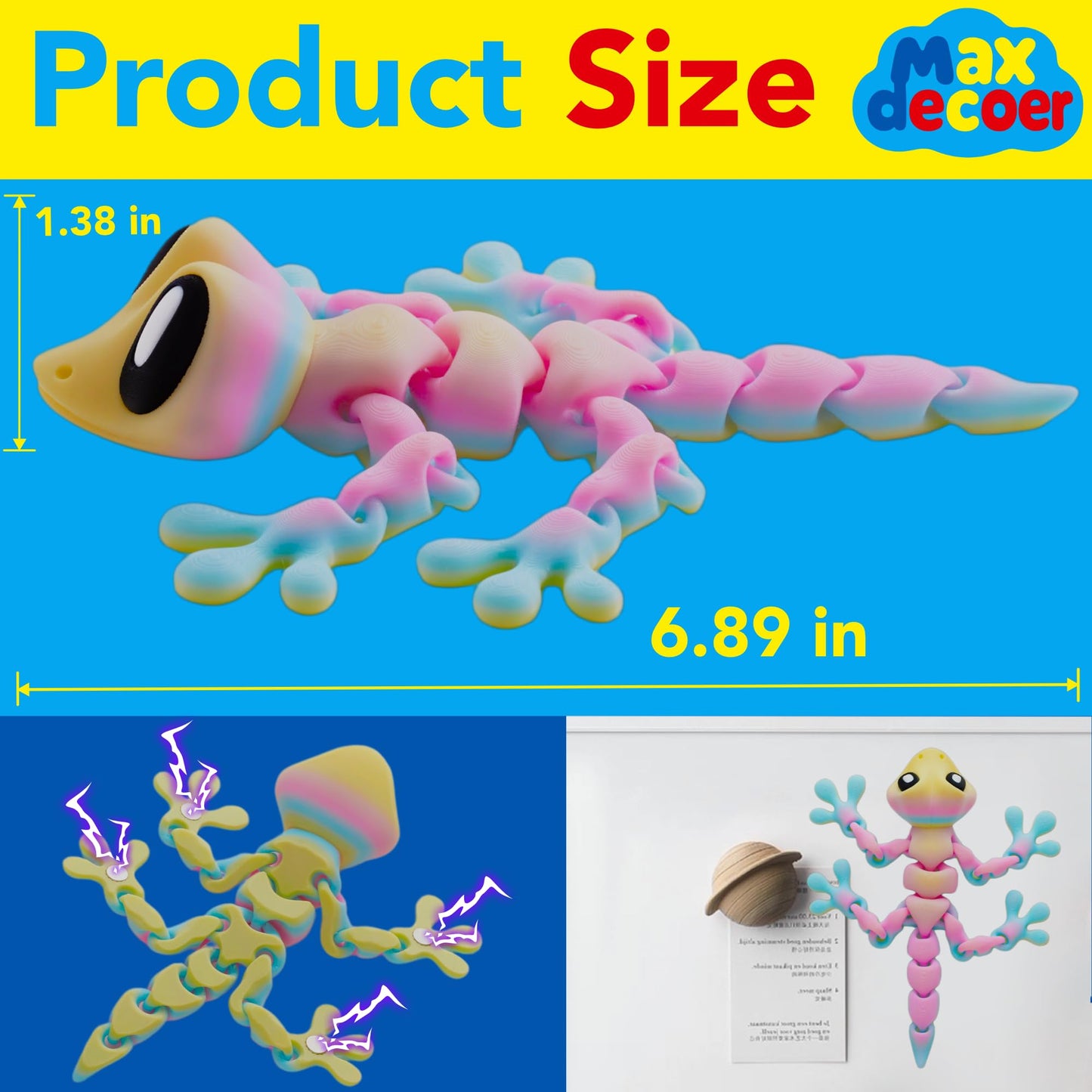 Maxdecoer 3D Printed Articulated Lizard Toy with Magnetic Feet, Flexible Gecko Desk Pet, Posable Reptile Figure for Metal Surfaces, Home Office Decor