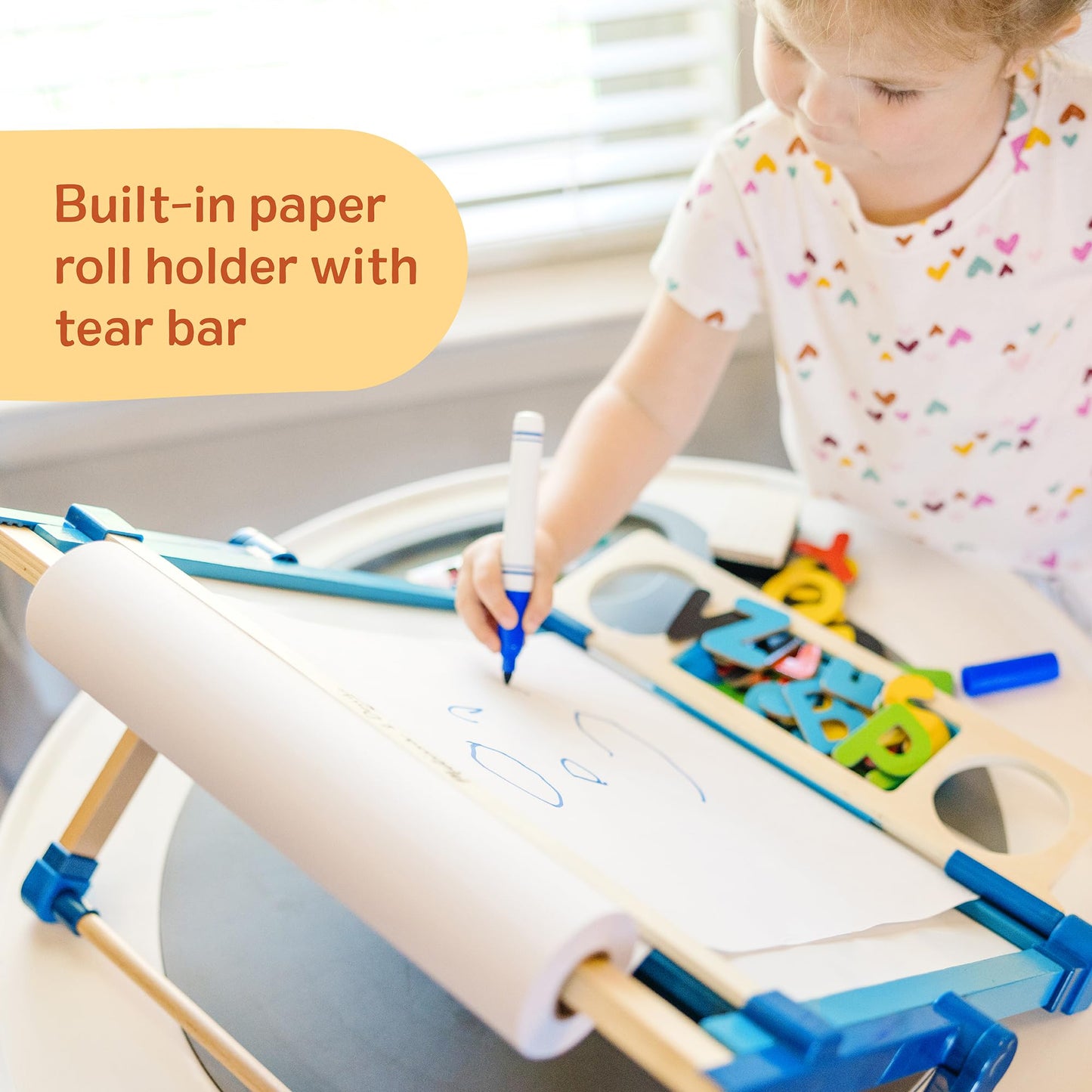 Melissa & Doug Magnetic Tabletop Easel, Deluxe Double-Sided Wooden Art Set with Chalkboard, Dry-Erase Board, Paper Roll Holder, Magnets & Art