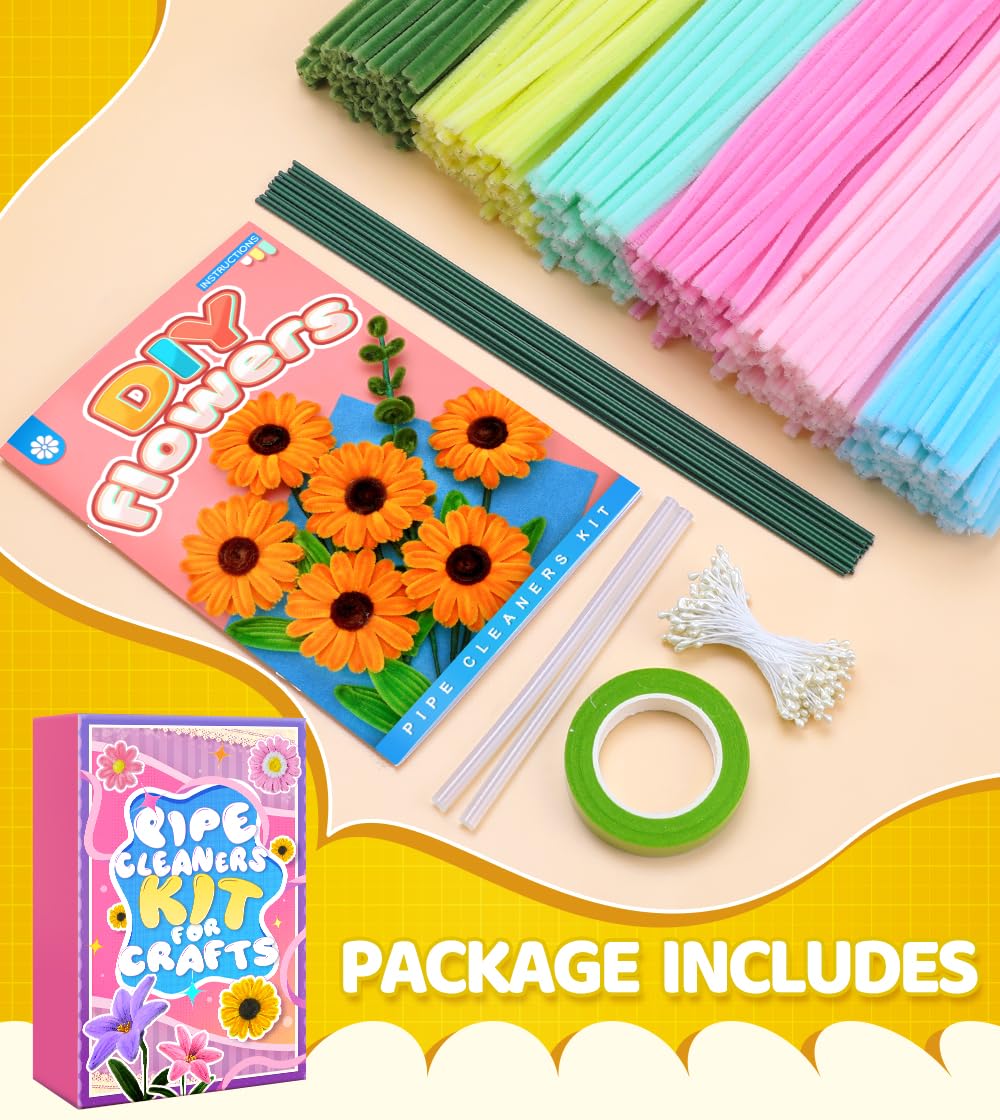 Eppingwin 360 PCS Pipe Cleaners for Flowers, Macaroon Chenille Stems for Crafts, Pipe Cleaners Bulk with Instruction for Tulip, Rose, Lily, Sunflower