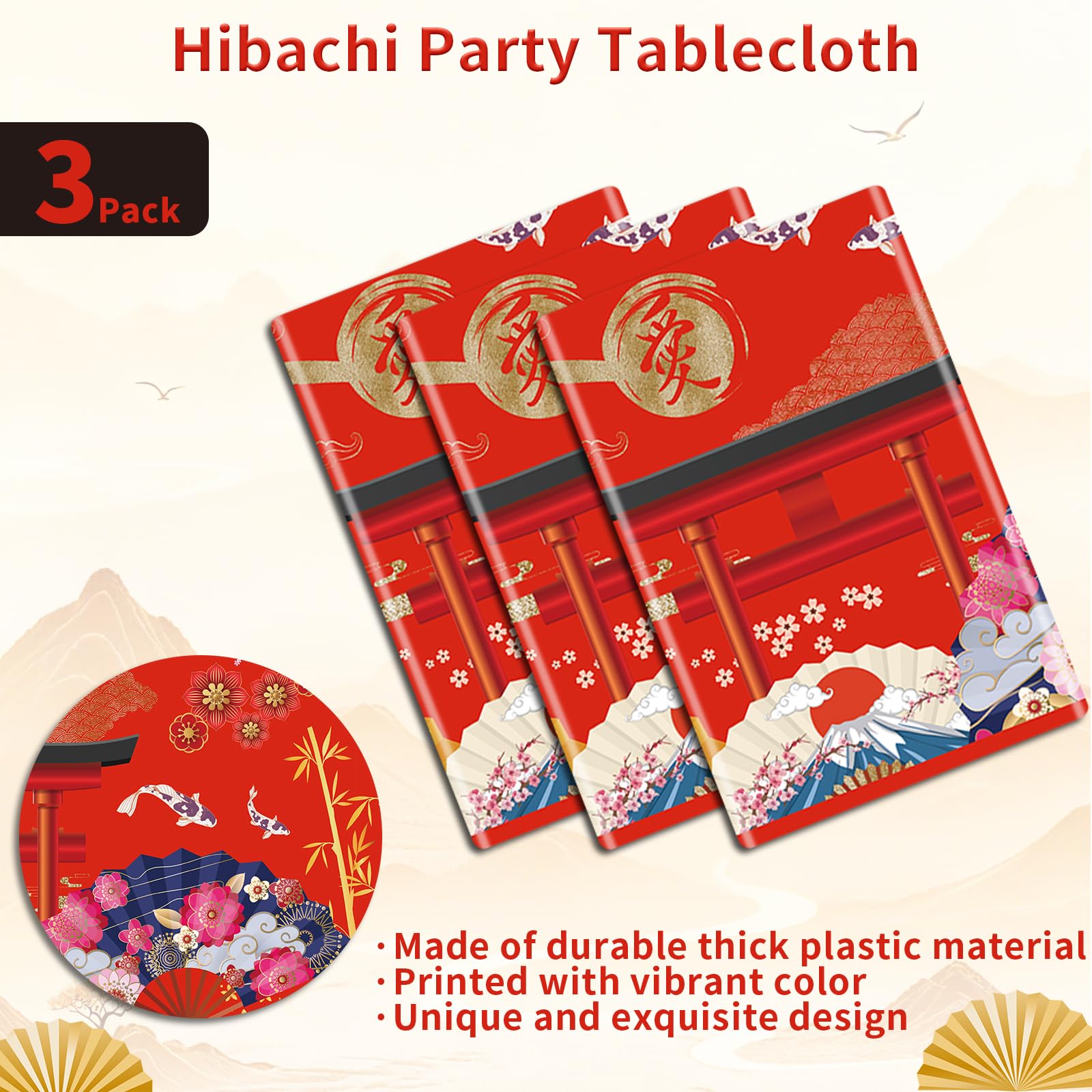 MYFEST 3 PCS Hibachi Party Decorations Hibachi Table Cloth 108x54 inches, Disposable Waterproof Japanese Tablecloth for Hibachi Decorations and Asian