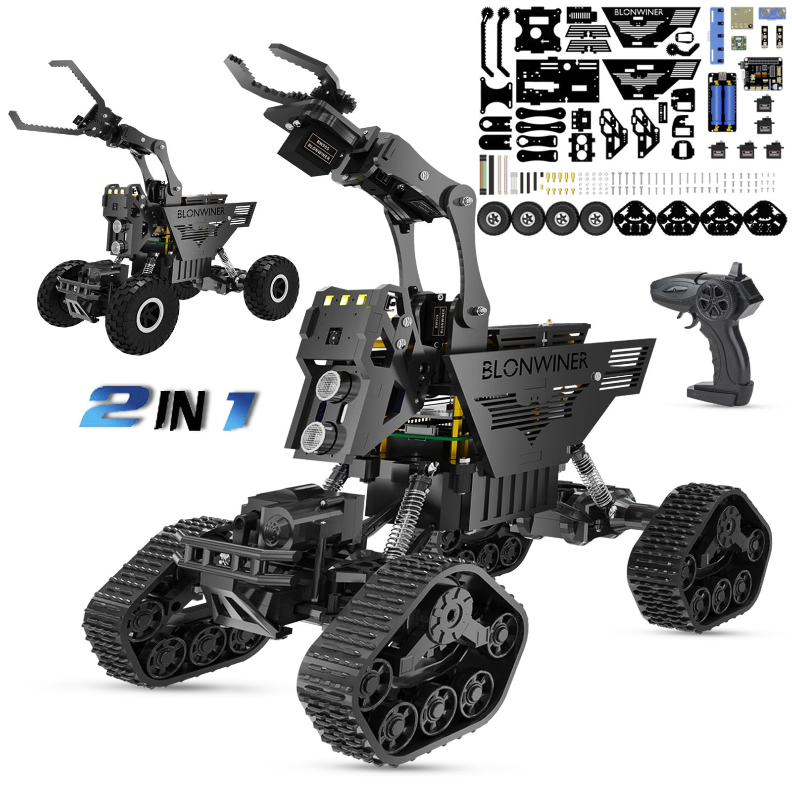 BLONWINER Robot Car Kit, 2 in 1 Smart Robotics Arm Building Toy for Raspberry Pi Python Coding, STEM Programming Tank Kits with Camera (Without RPi