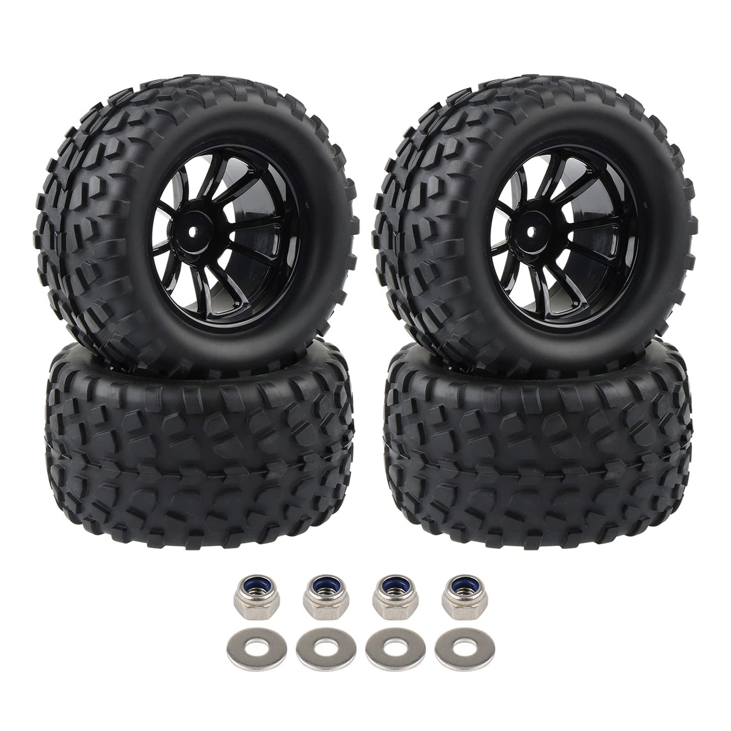 4X RC 1/10 Scale Monster Truck Tires Gravel Tread w/ 5 Spokes Wheel Rim