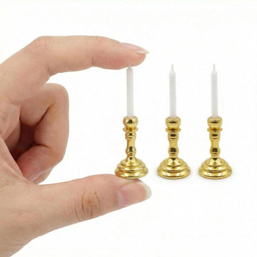 3PCS Vintage Miniature Candlesticks Set 1:12 Scale Metal Base Candle Holder for Miniature Room DIY Miniature Scene, or Desktop Display (Golden)
