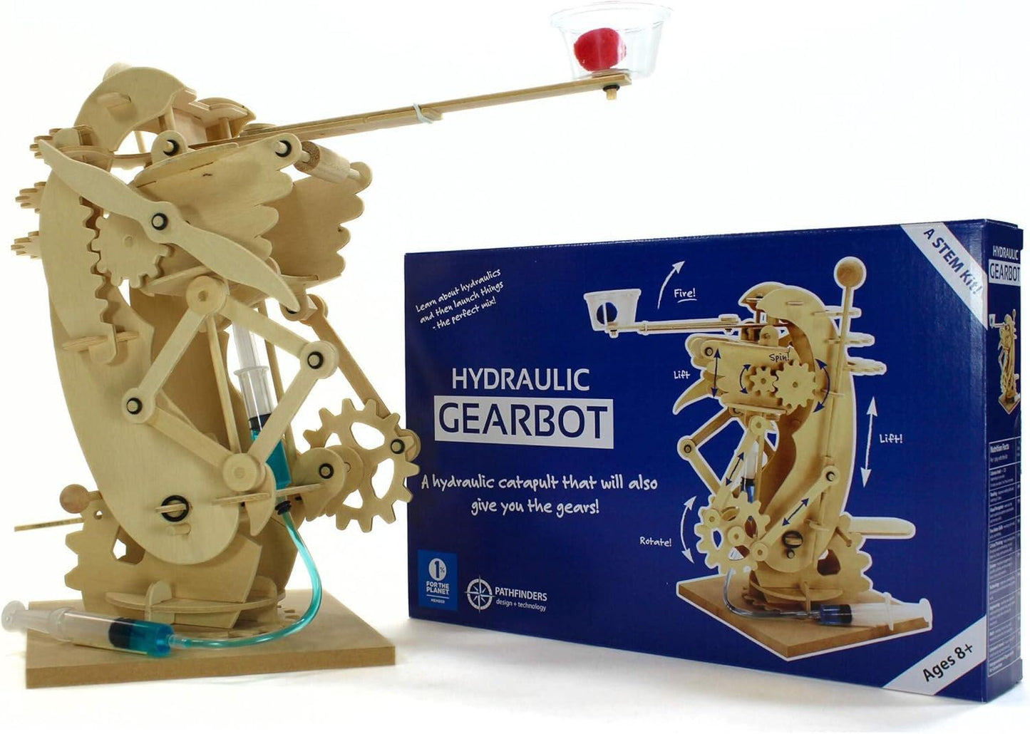 PATHFINDERS STEM Kits- Hydraulic Gearbot - Wooden STEM Building Catapult | Build-It-Yourself Hydraulic Robot with Gears & Launcher | Educational