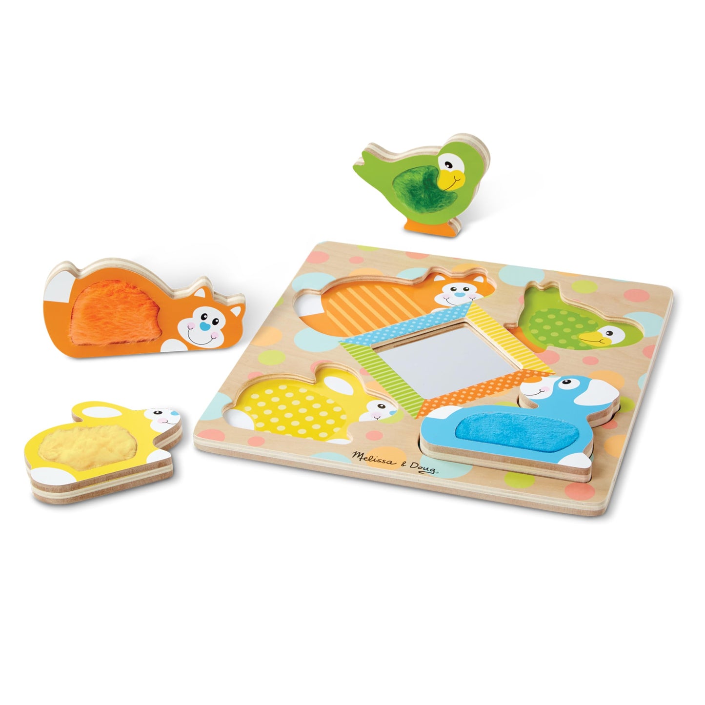 Melissa & Doug First Play Peek-a-Boo Pets Wooden Touch and Feel Puzzle with Mirror Mirror Toy for Babies and Toddlers, Sensory Toy Puzzle