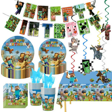 118Pcs Pixel Themed Party Decorations, Birthday Party Supplies Decorations Set-Plates Napkins Tablecloth Banners Fork etc for 20 Guests Kids Birthday