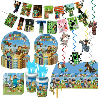 118Pcs Pixel Themed Party Decorations, Birthday Party Supplies Decorations Set-Plates Napkins Tablecloth Banners Fork etc for 20 Guests Kids Birthday