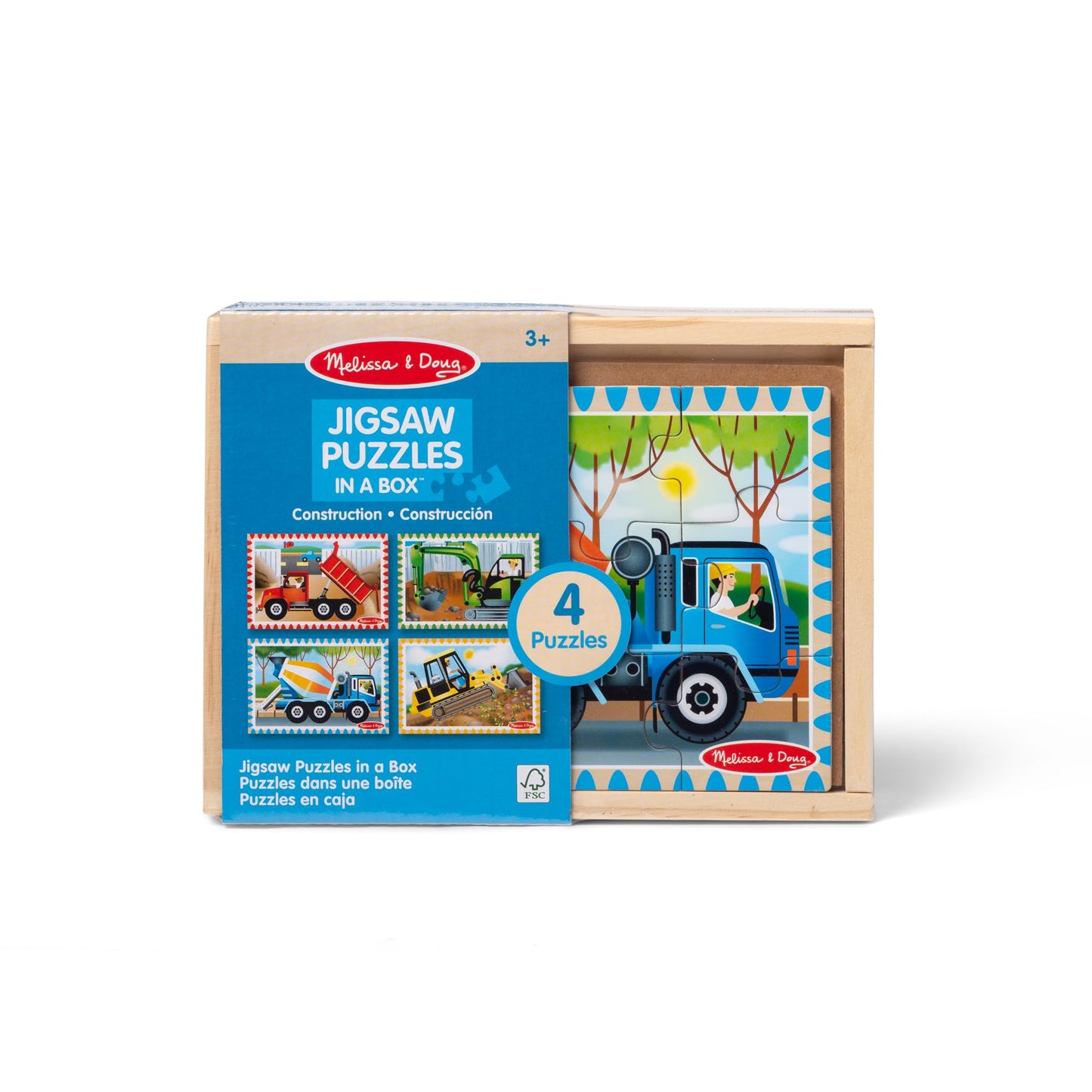 Melissa & Doug 4‑in‑1 Wooden Construction Vehicles Jigsaw Puzzle Set, 48 Pieces with Storage Box, Toddler Puzzle Toy for Kids Ages 3+ - FSC Certified
