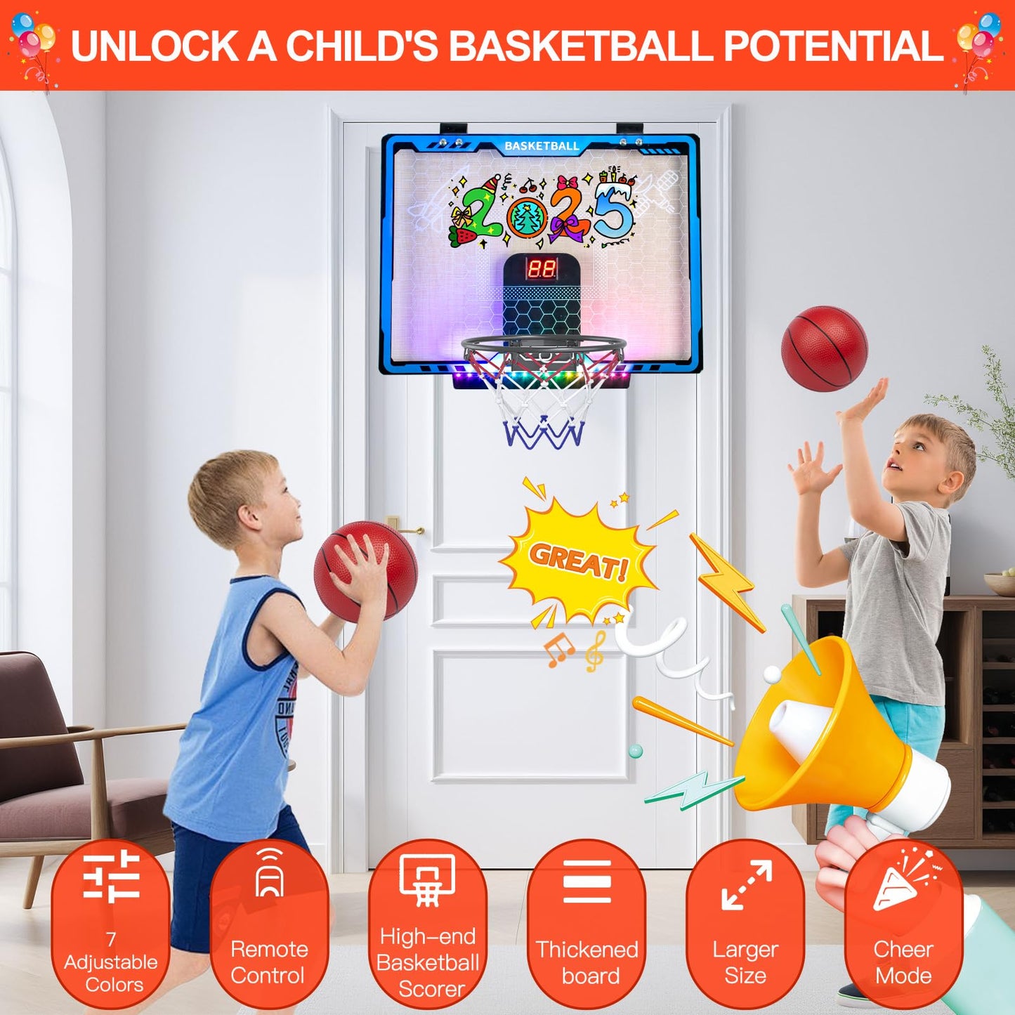 Awsoo Indoor Basketball Hoop for Kids, Mini Basketball Hoop with Electronic Scoreboard & LED Lights, Over The Door Basketball Hoop with 4 Balls, Slam