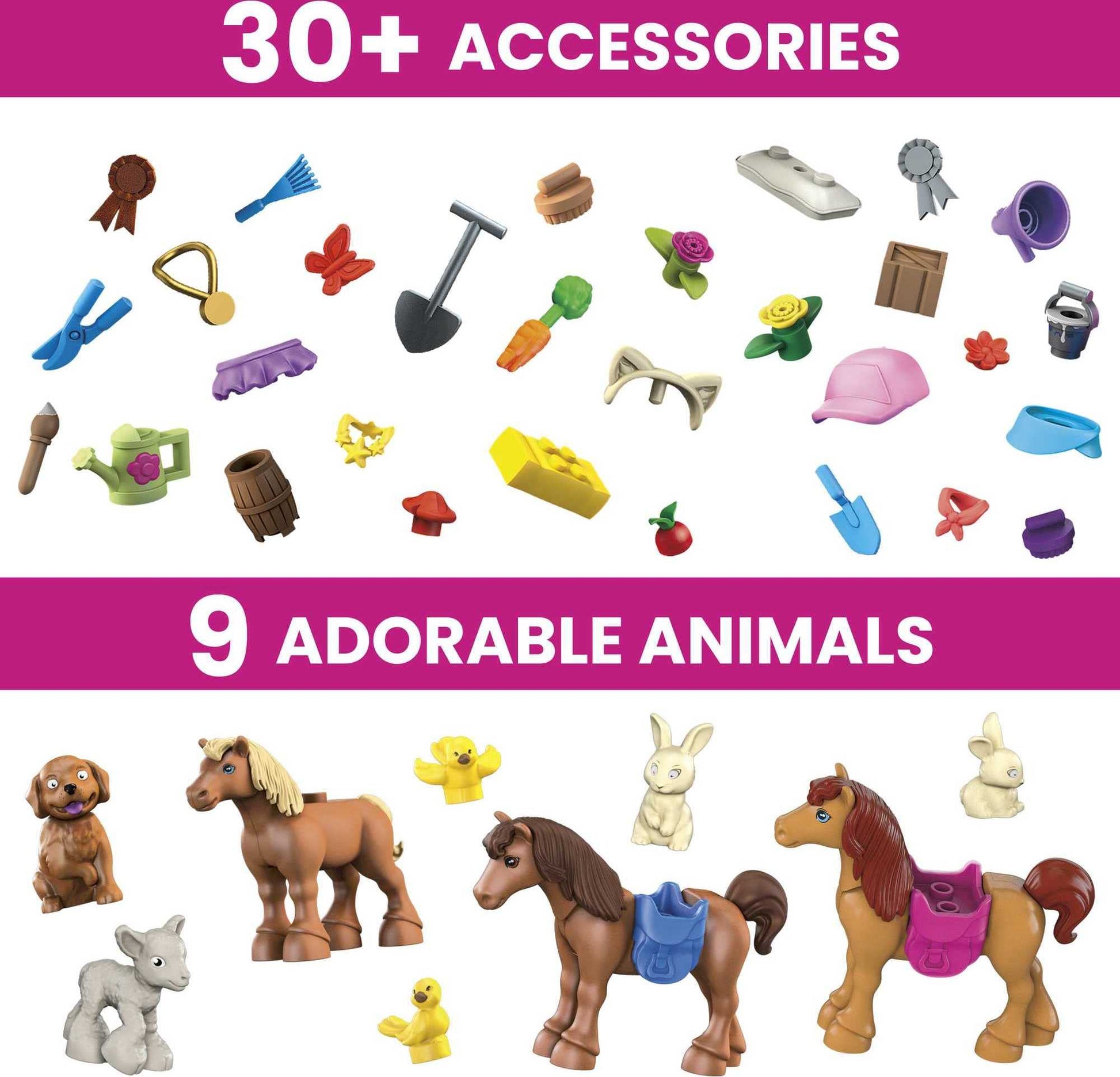 MEGA Barbie Pets Horse Toy Building Set with 3 Micro-Dolls and Accessories, 9 Pets, Easy-to-Build Horse Stables Playset,