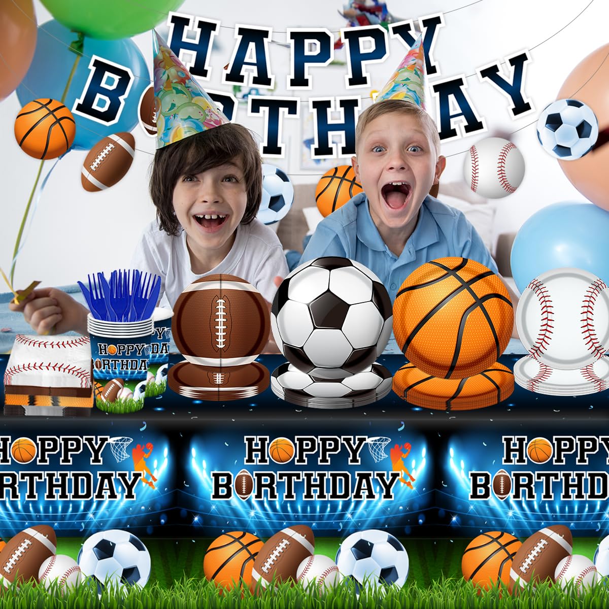 Sports Birthday Party Decorations-142Pcs Sports Theme Plates and Napkins Kit Basketball Football Baseball Soccer Tableware Serves 20 Guests
