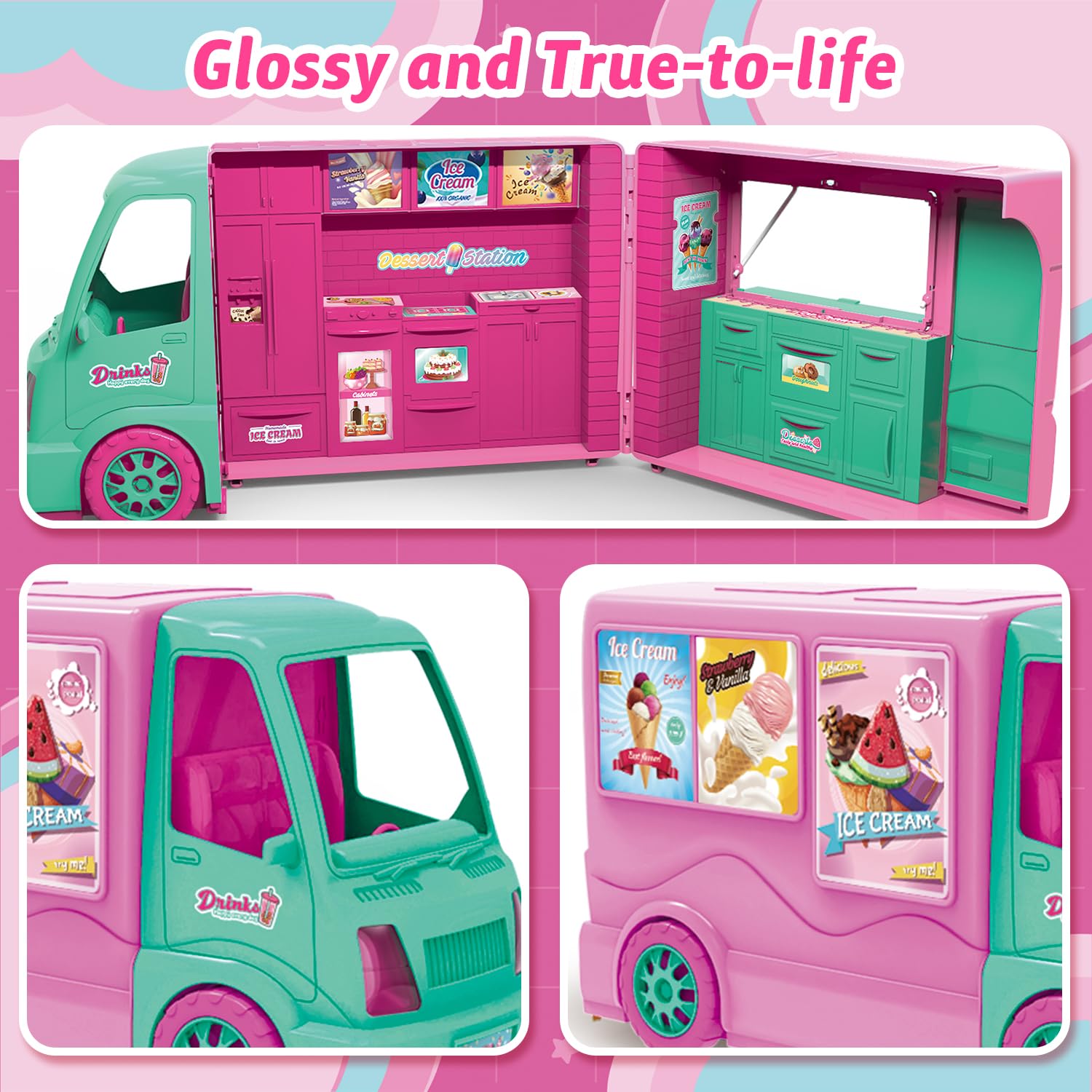 Dollhouse Ice Cream Truck Playset for Girls - Kids Kitchen Pretend Play Food Dessert Truck Toy with Doll, Table, Chairs & Accessories - Birthday Gift