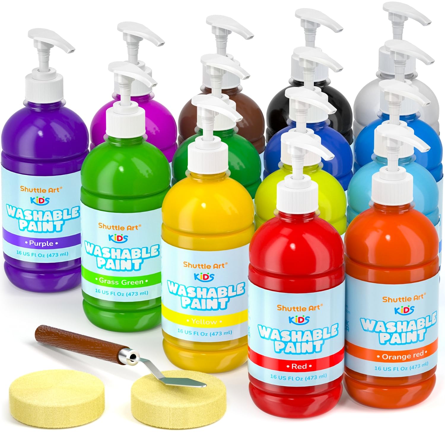 Shuttle Art 14 Colors Washable Paint for Kids, 16 oz Bulk Tempera Paint with Pump, Non-Toxic Kids Washable Paint for Art and Crafts, Home & School