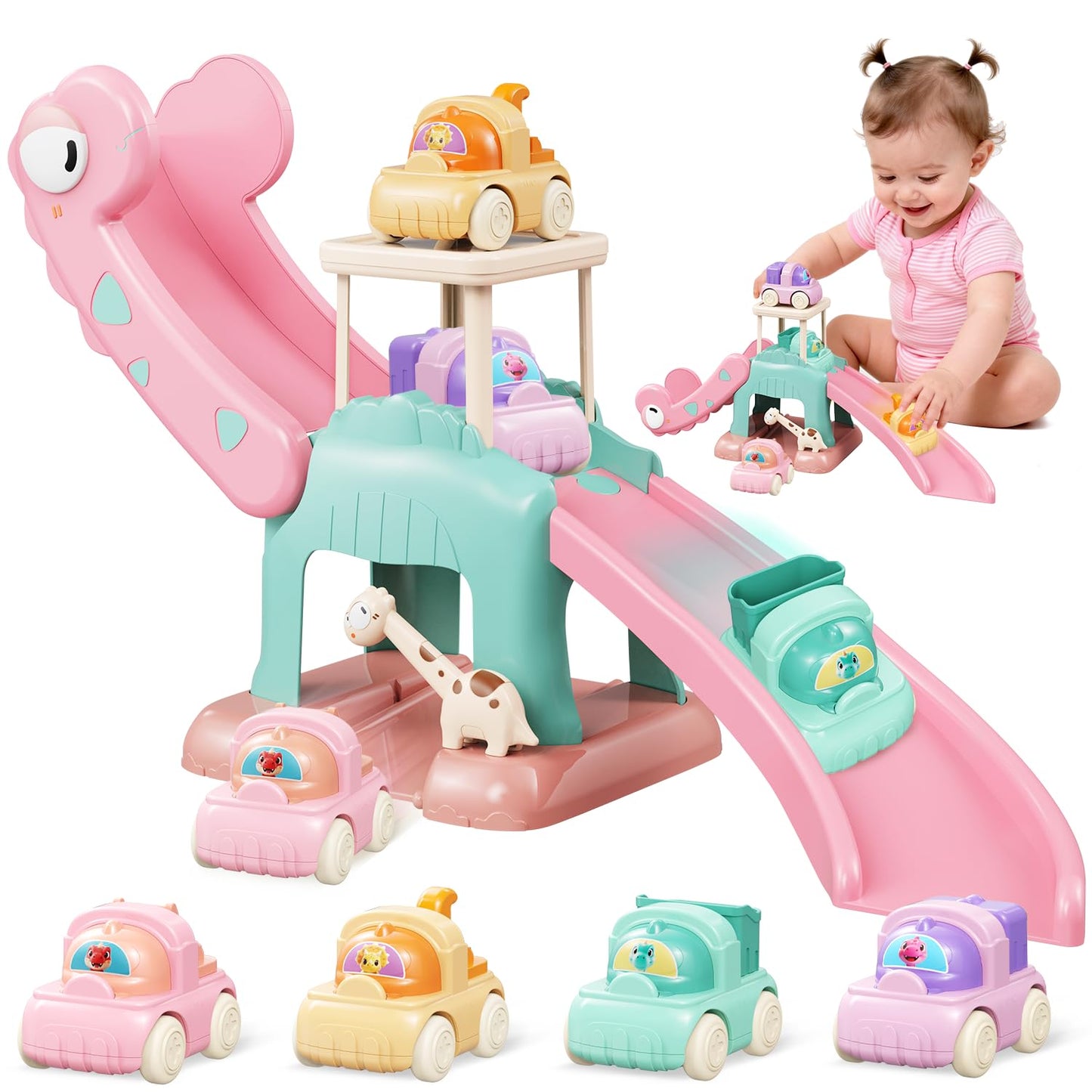 Dinosaur Slide for Toddlers 1-3, Car Ramp Race Track with 4 Push Cars, Pink