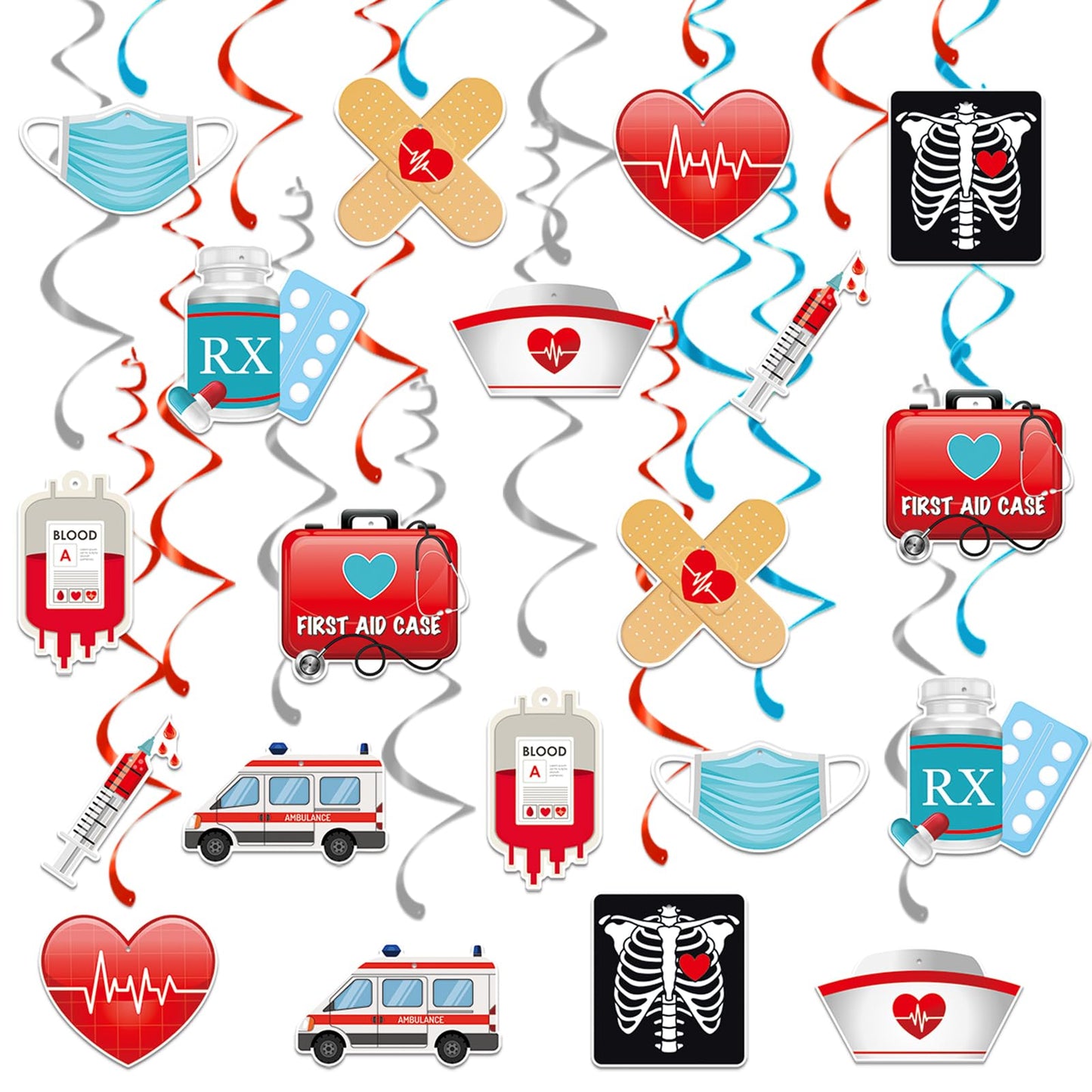 44 Pcs Medical Hanging Swirls Decorations, 20 Hospital-Themed Ceiling Foil Swirl Ornaments with Ambulance, RX, Syringe, Nurse Cap, First Aid Icons