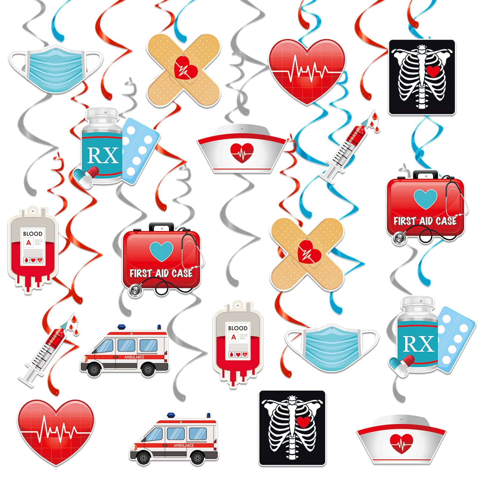 44 Pcs Medical Hanging Swirls Decorations, 20 Hospital-Themed Ceiling Foil Swirl Ornaments with Ambulance, RX, Syringe, Nurse Cap, First Aid Icons