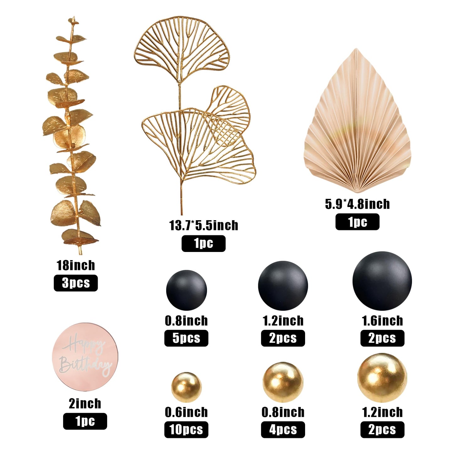 Boho Cake Topper Happy Birthday Cake Decorations with Balls Eucalyptus for Wedding Birthday Supplies (Black)