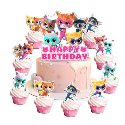 25Pcs Super Kitties Birthday Party Supplies Pack Includes 1 Cake Topper 24 Cupcake Toppers for Super Kitties Party Supplies