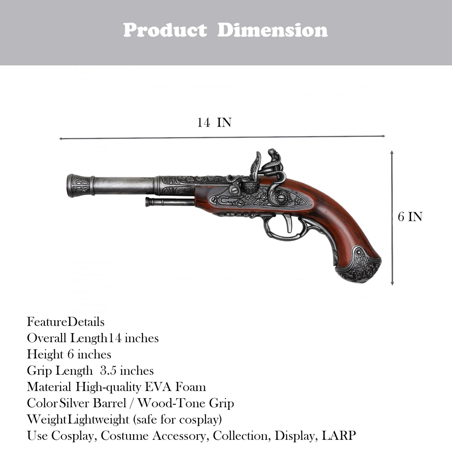 14" Collectible Foam Pirate Flintlock Replica | Historical Cosplay Prop, Safe Pirate Costume Accessory & Display Décor