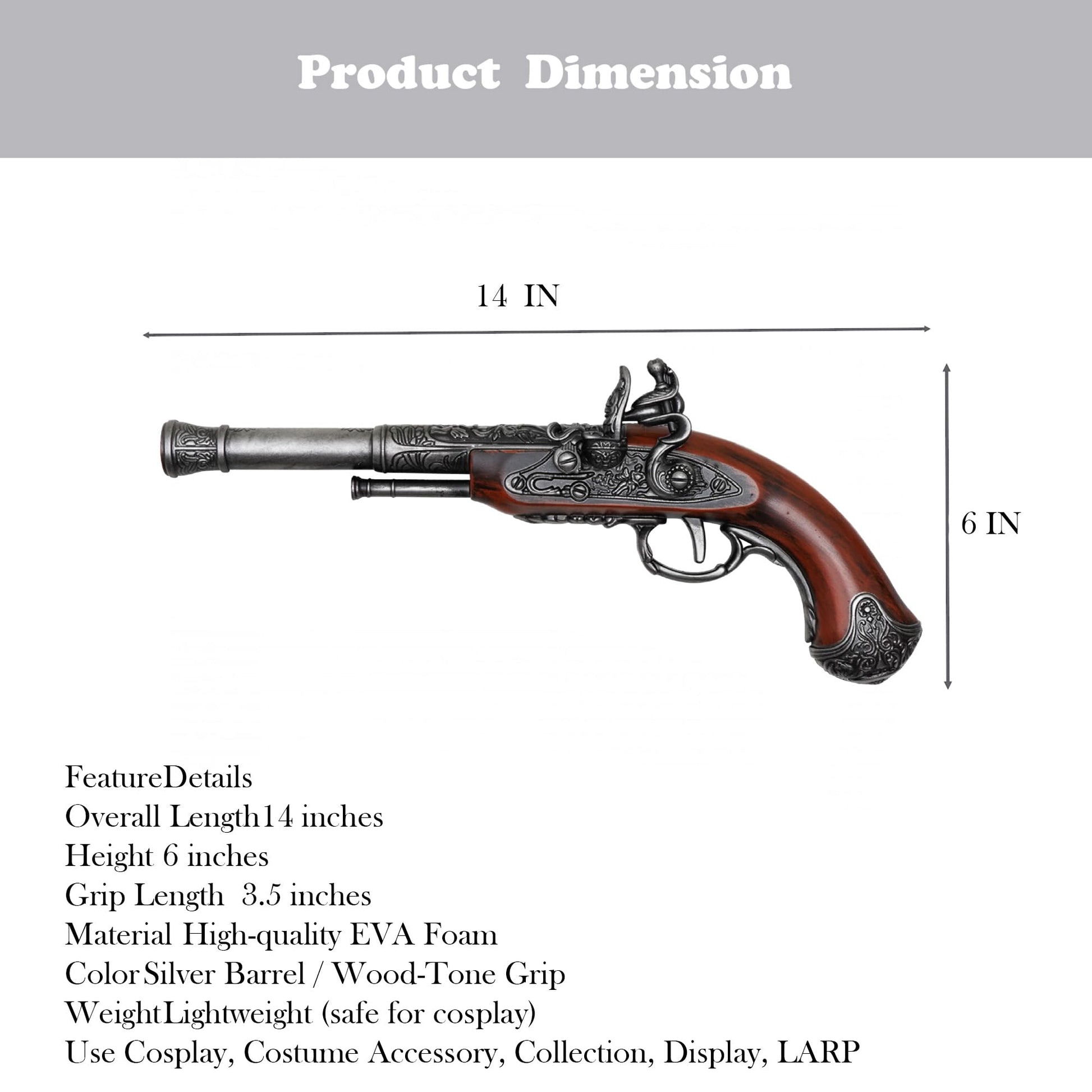 14" Collectible Foam Pirate Flintlock Replica | Historical Cosplay Prop, Safe Pirate Costume Accessory & Display Décor