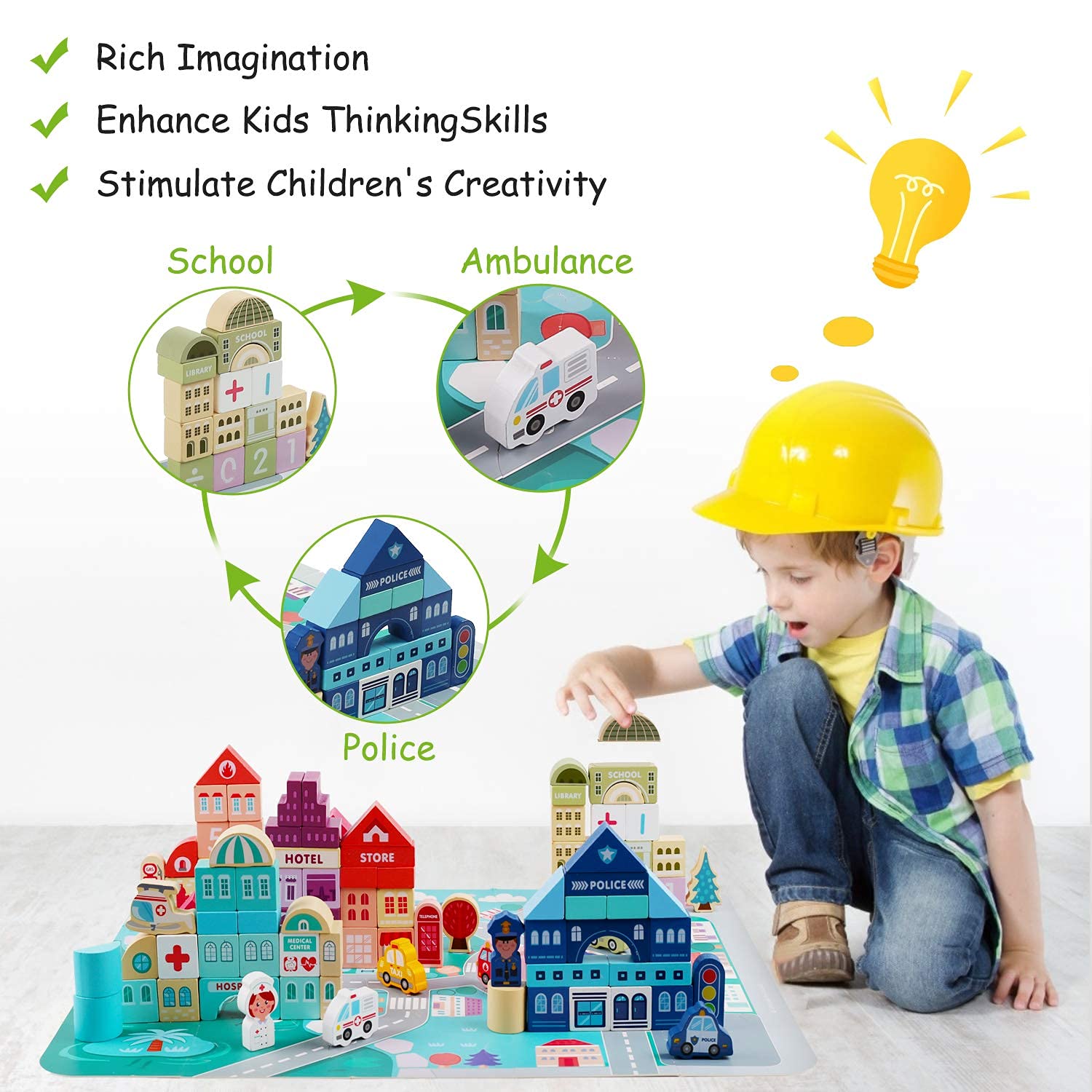LENNYSTONE Wooden Building Blocks for Toddlers, Kids City Construction Stacking Creative Toys, Preschool Learning Education Block for Boys Girls Ages