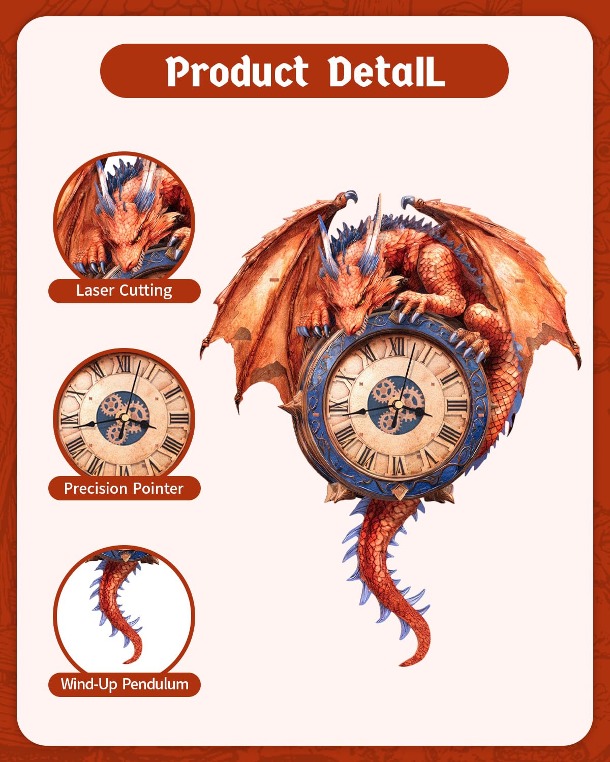 Rnfinewow 3D Puzzles for Adults, 3D Puzzle Fiery Dragon Clock Kit (with Pendulum), Wooden Puzzles for Adults Home Decor DIY Clock Crafts for Adult